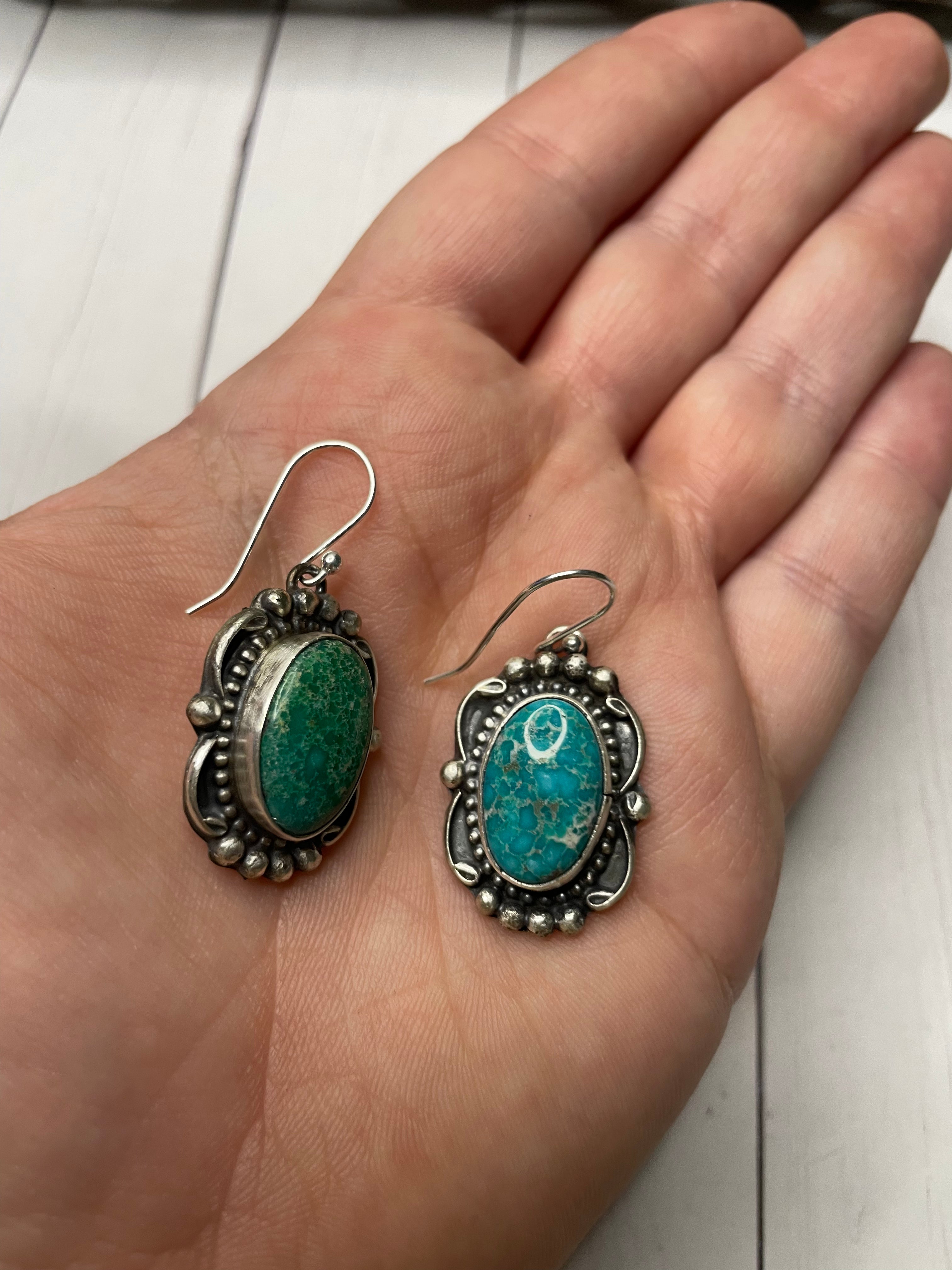 Navajo Sterling Silver & Turquoise Dangle Earrings Signed Sheila Becenti