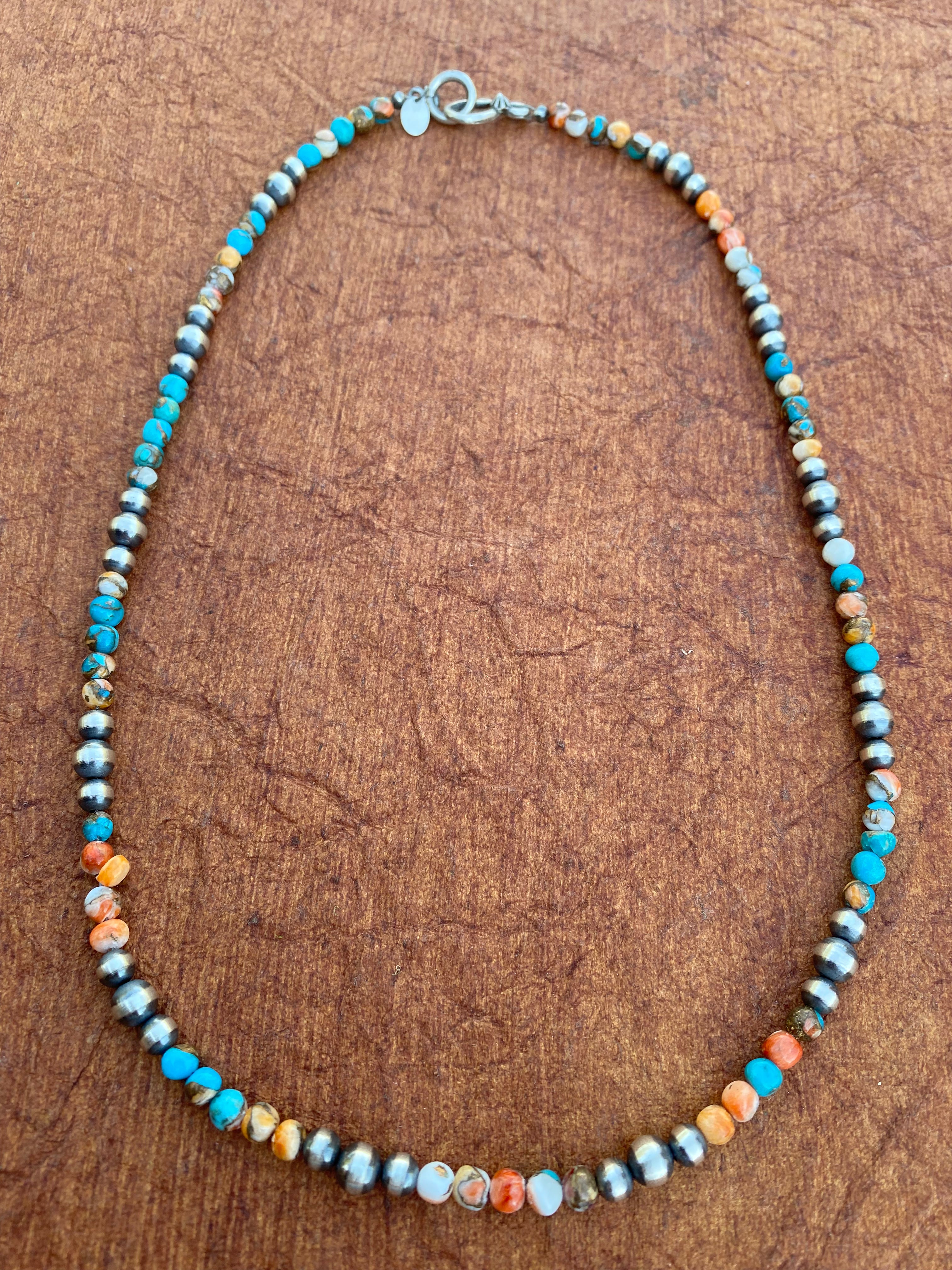 Navajo Turquoise & Spiny Spice Sterling Silver Beaded Necklace 20 inch