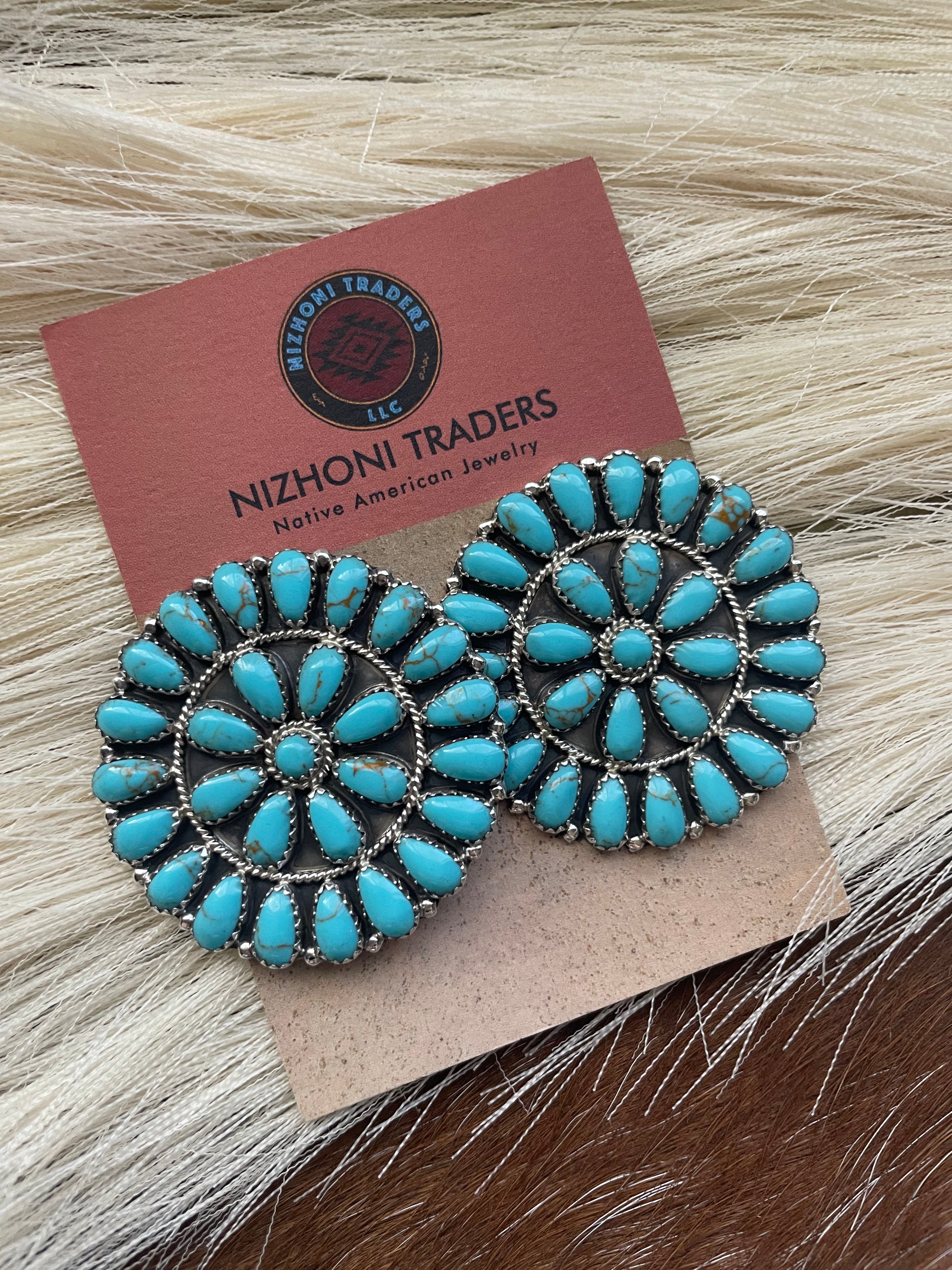 Navajo Sterling Silver And Turquoise Cluster Circle Earrings Signed 1.5”