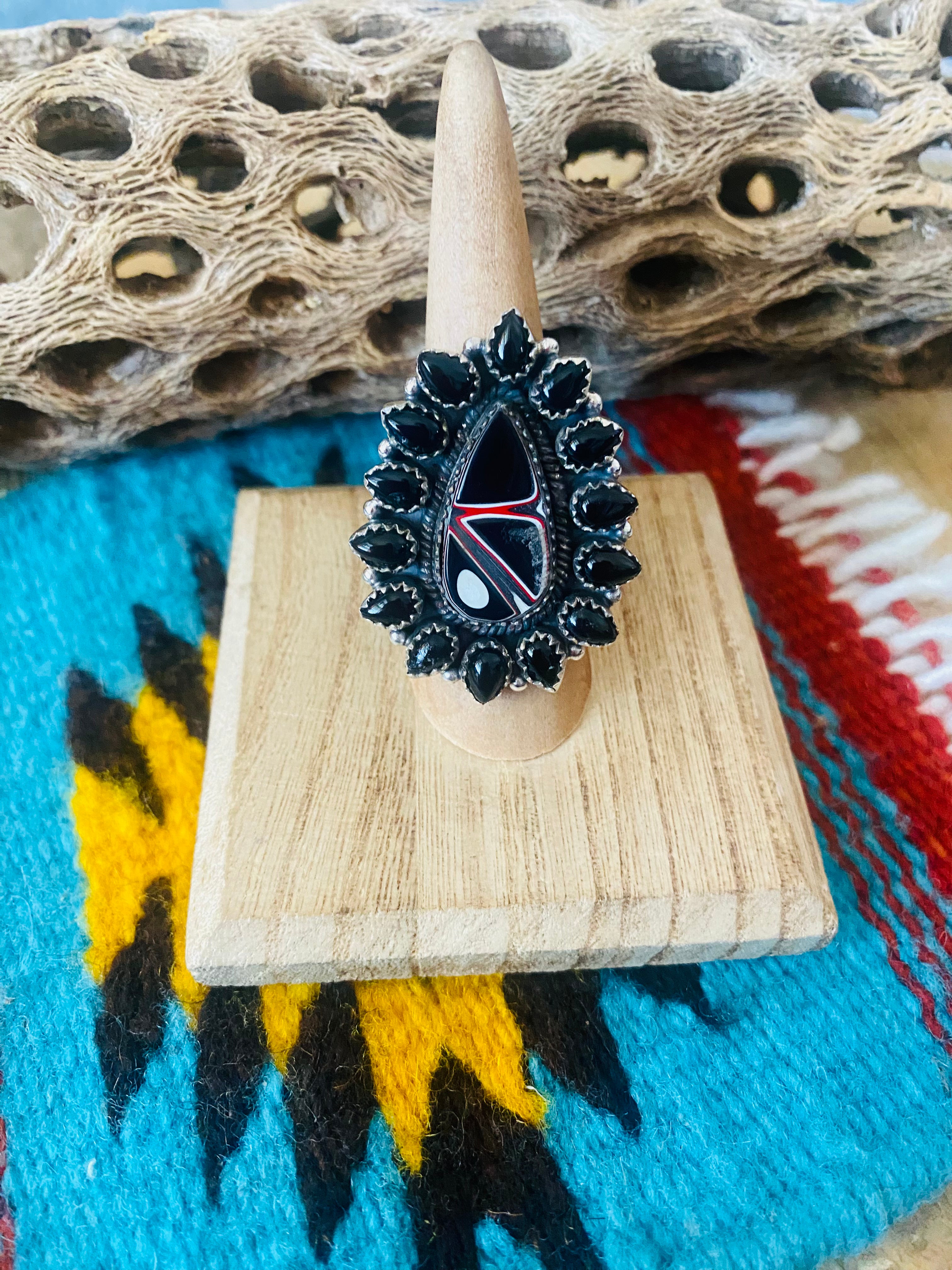 Handmade Sterling Silver, Fordite & Onyx Cluster Adjustable Ring