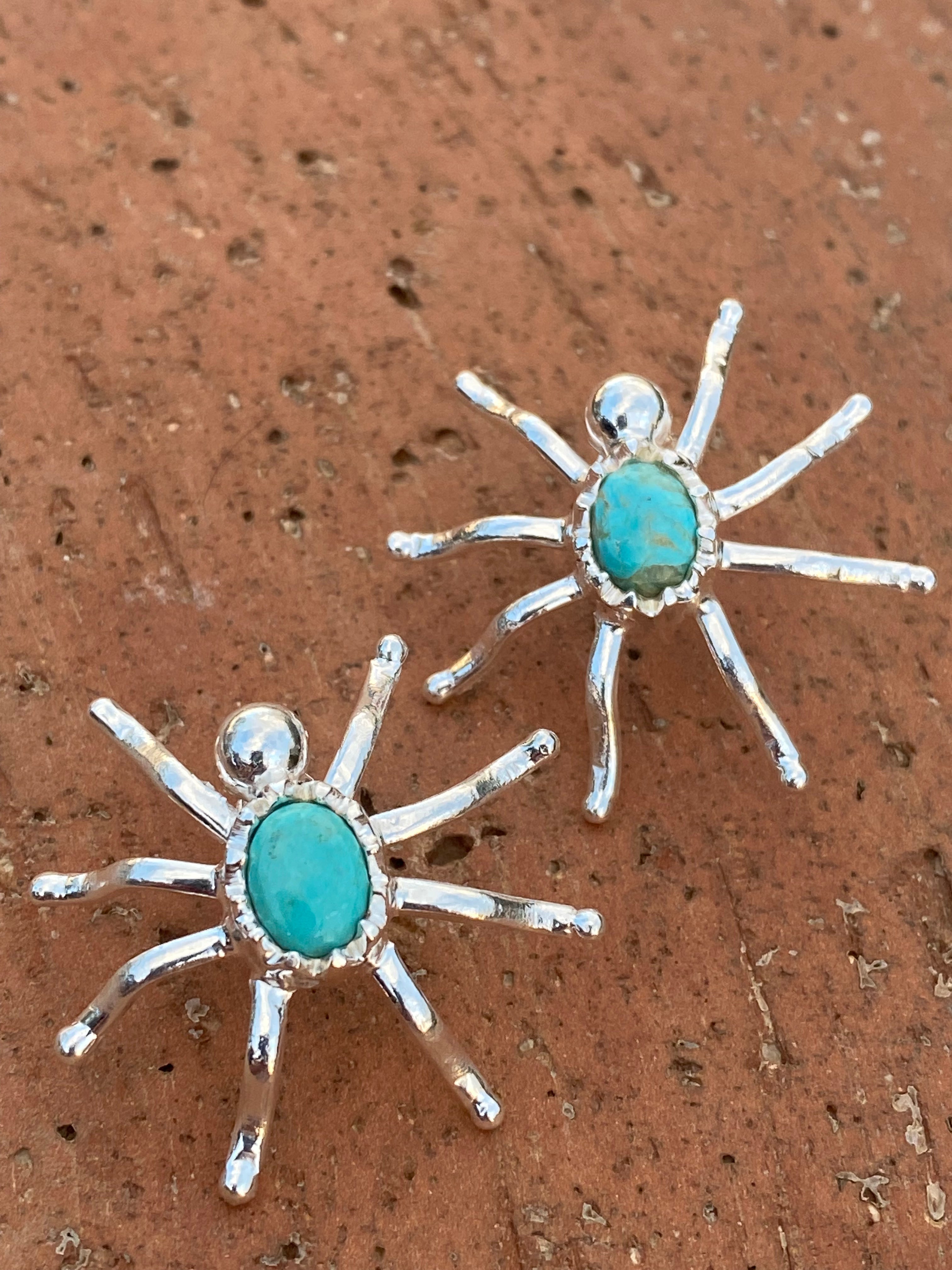 Natural Kingman Turquoise & Sterling Silver Spider Stud Earrings