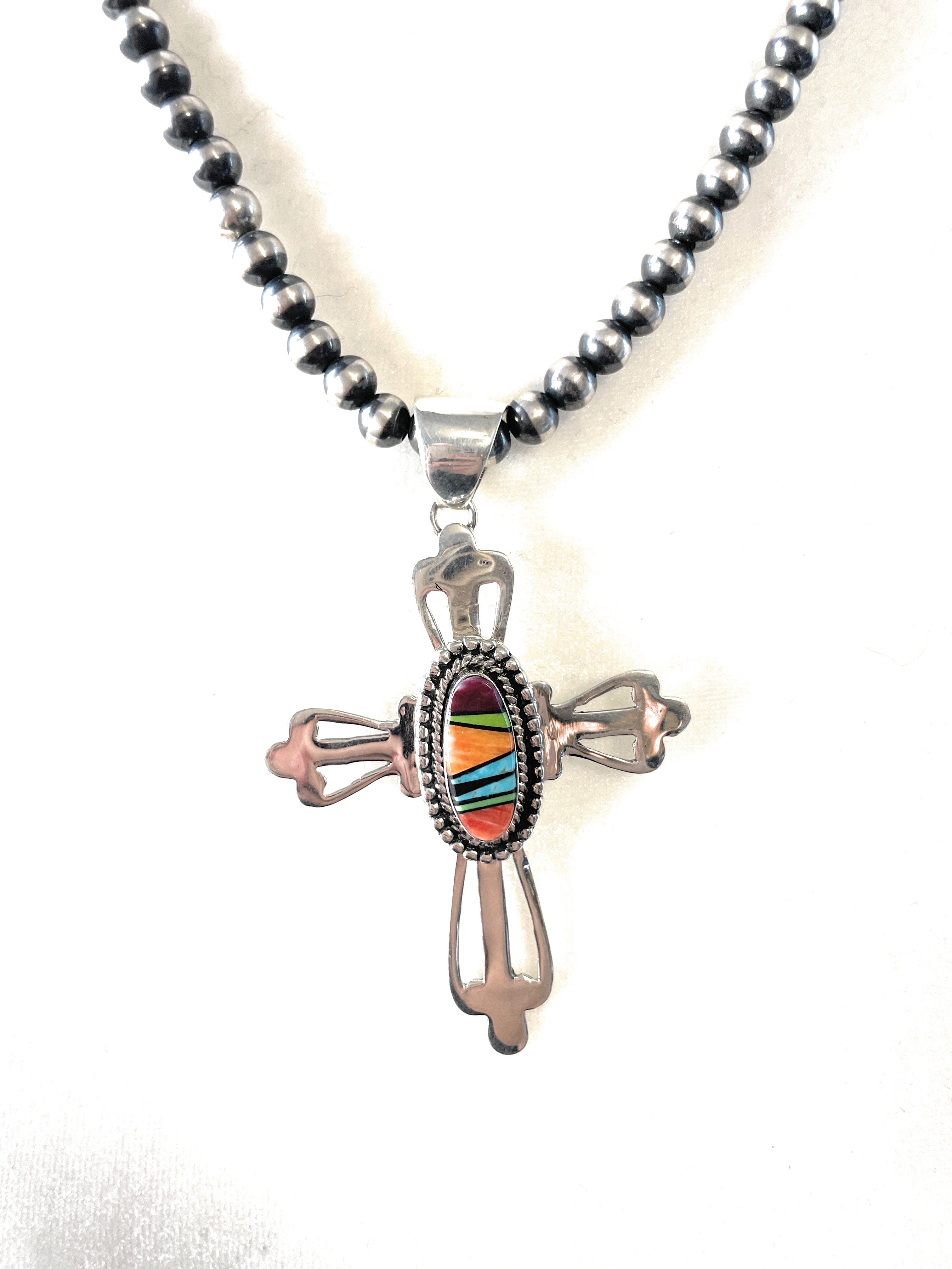 Navajo Multi Stone Inlay & Sterling Silver Cross Pendant Signed