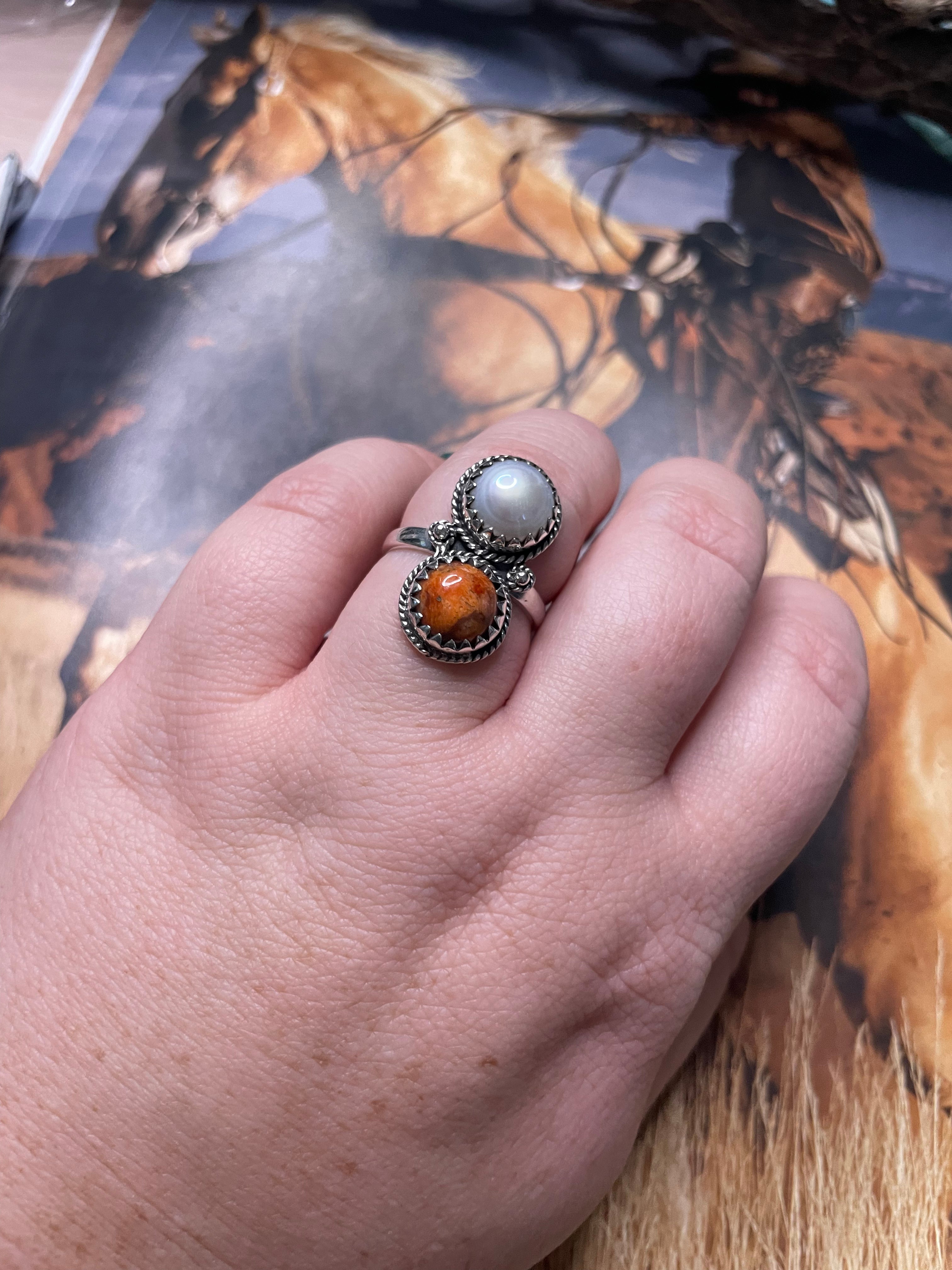 Handmade Apple Coral & Pearl Ring Size 7.5