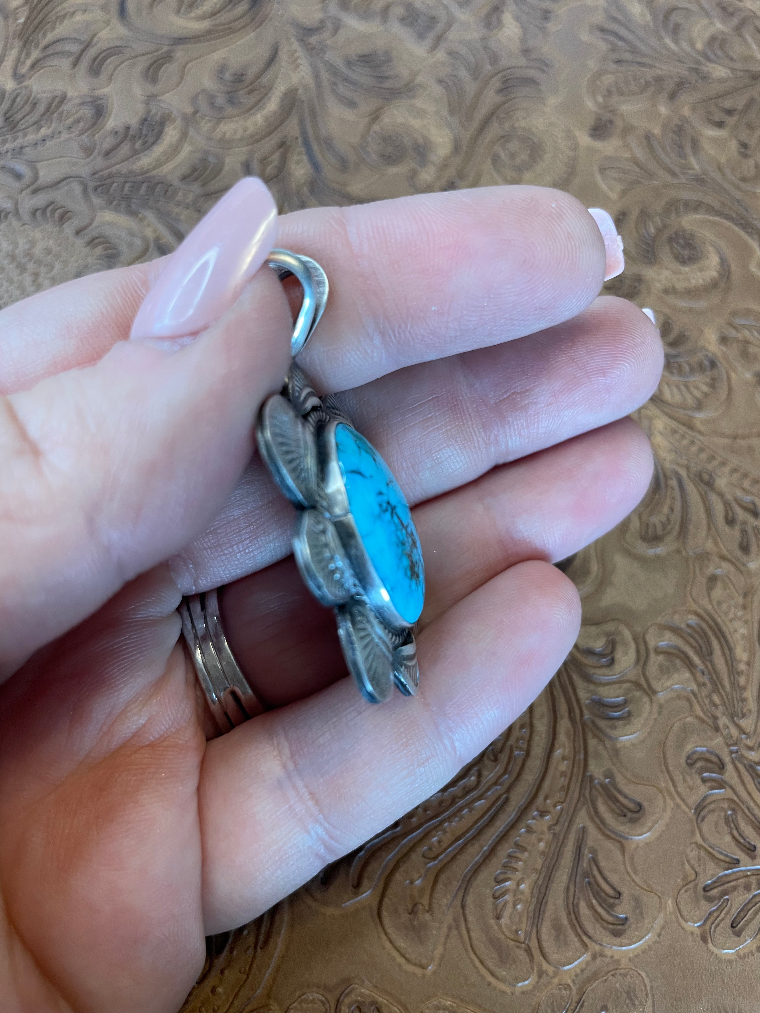 Navajo Turquoise And Sterling Silver Pendant Signed