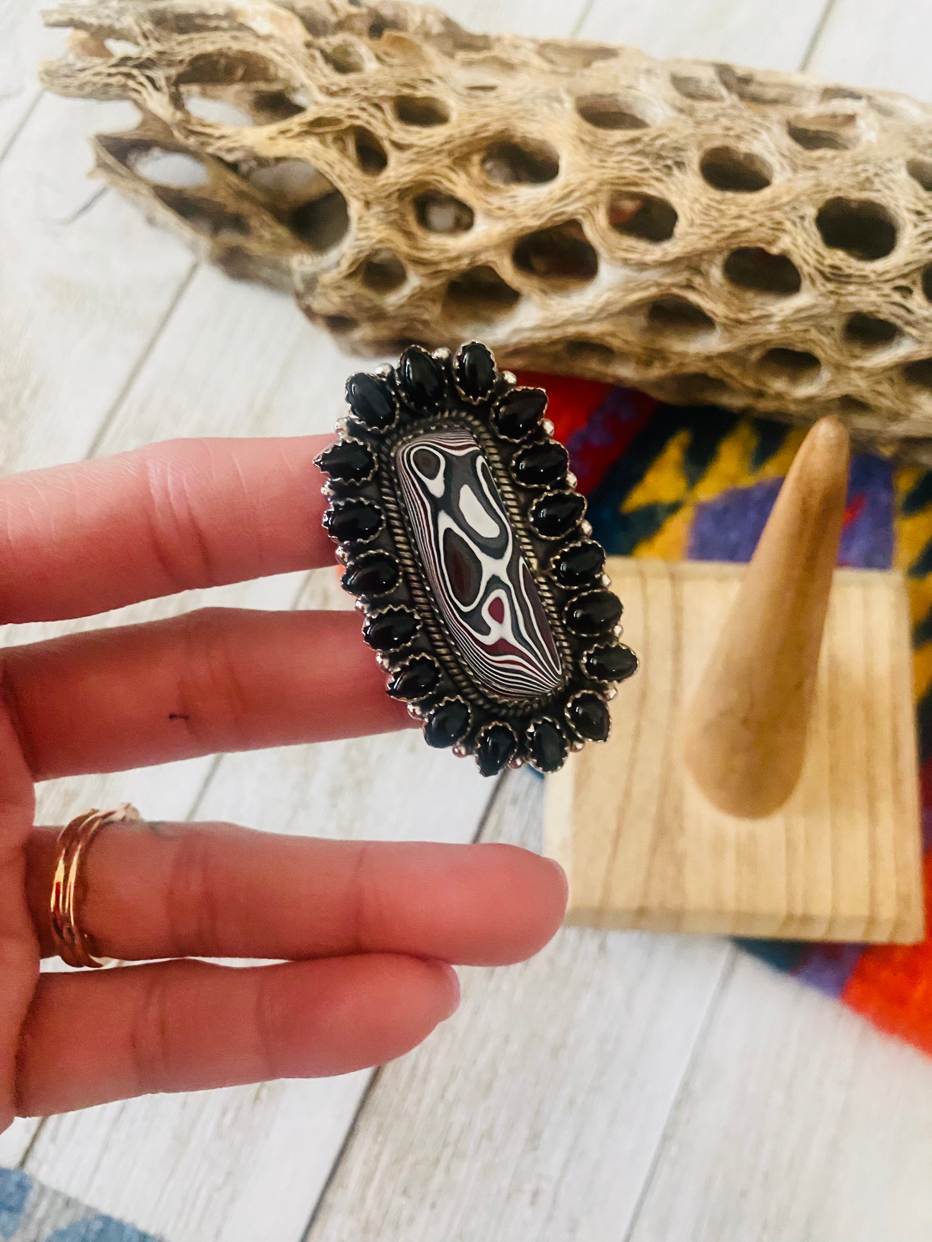 Handmade Sterling Silver, Fordite & Onyx Cluster Adjustable Ring