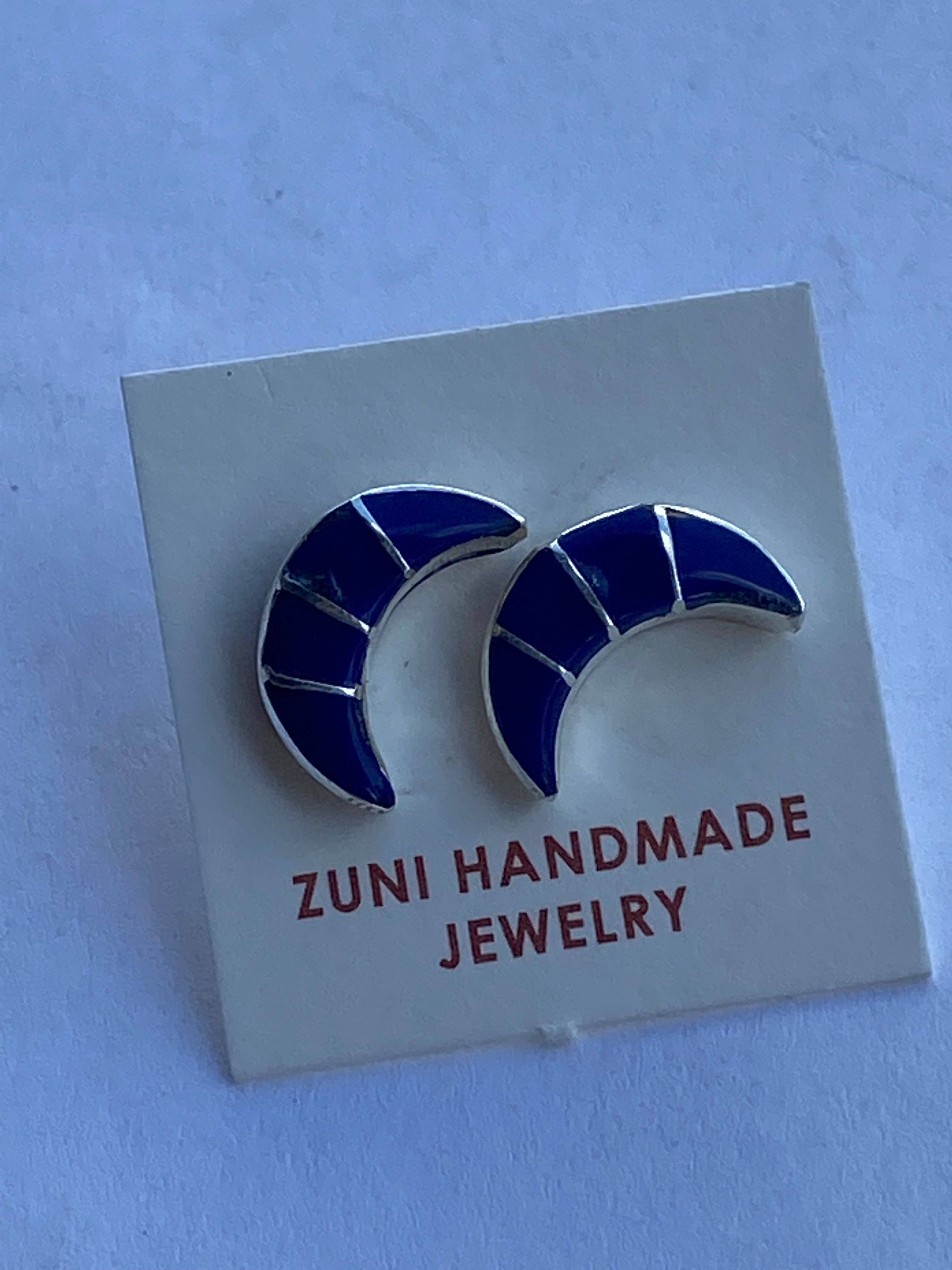 Zuni Sterling Silver & Lapis Inlay Moon Stud Earrings