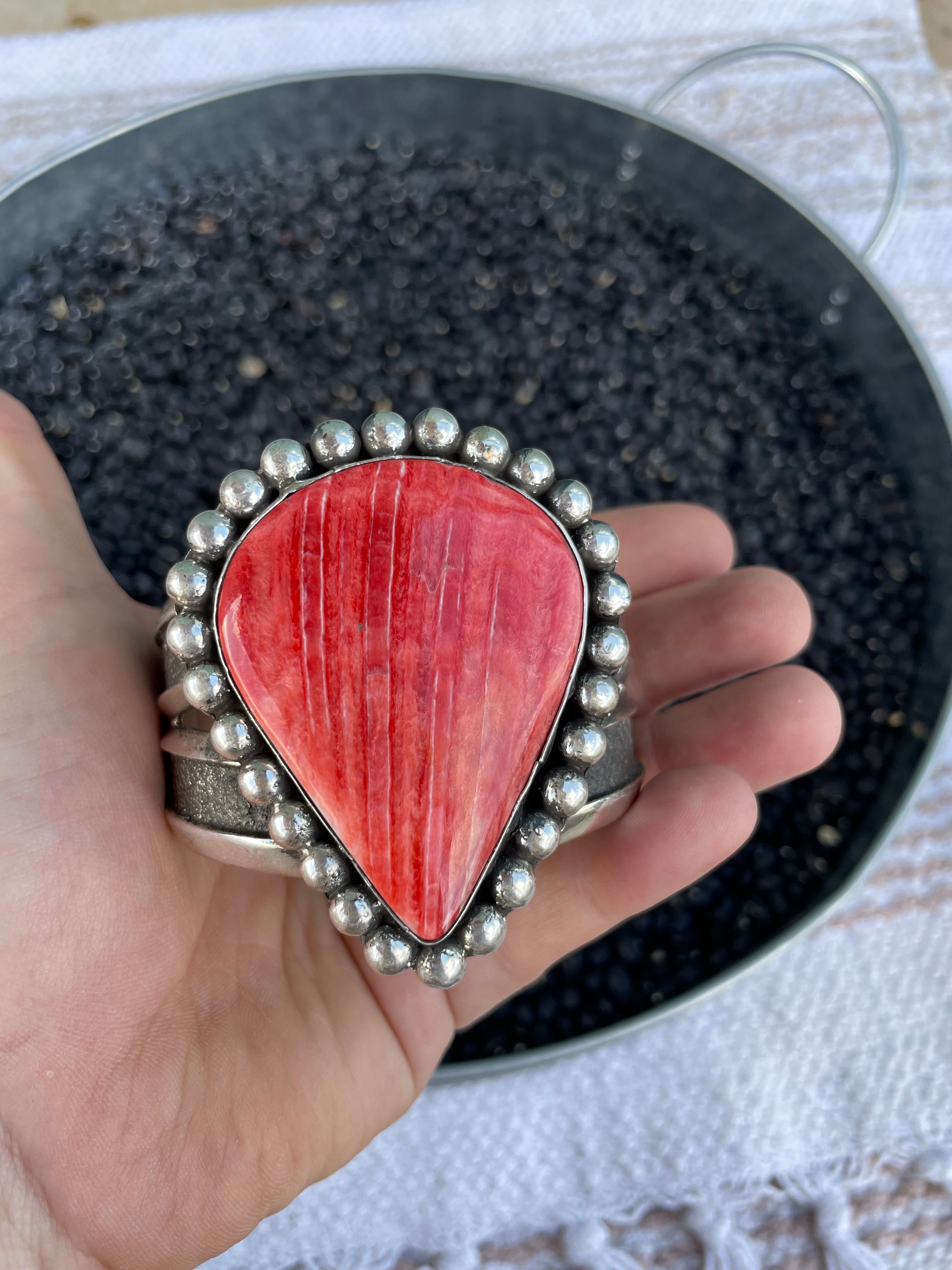 Navajo Orange Spiny And Sterling Silver Cuff Bracelet