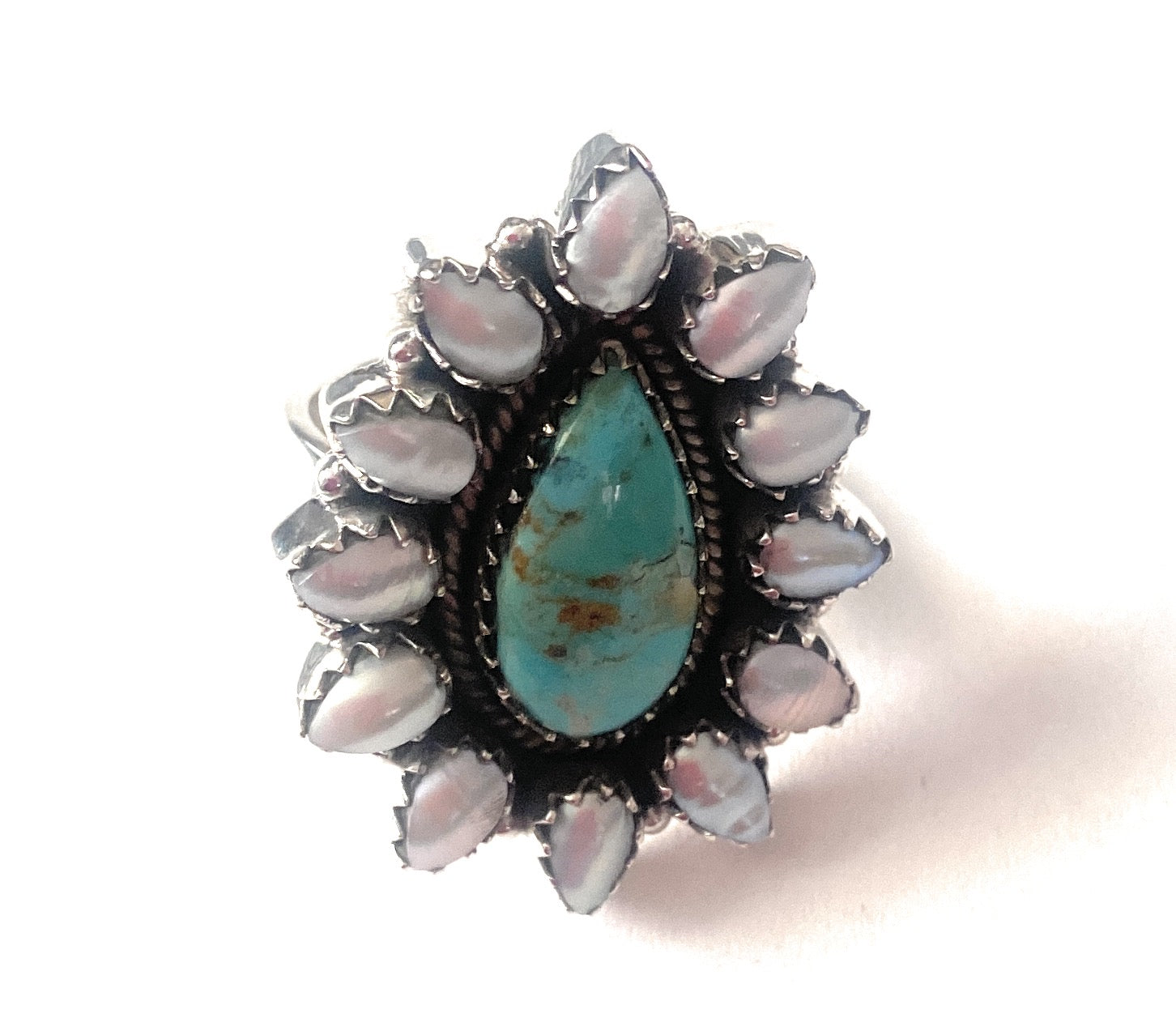 Handmade Sterling Silver, Turquoise & Pearl Cluster Adjustable Ring