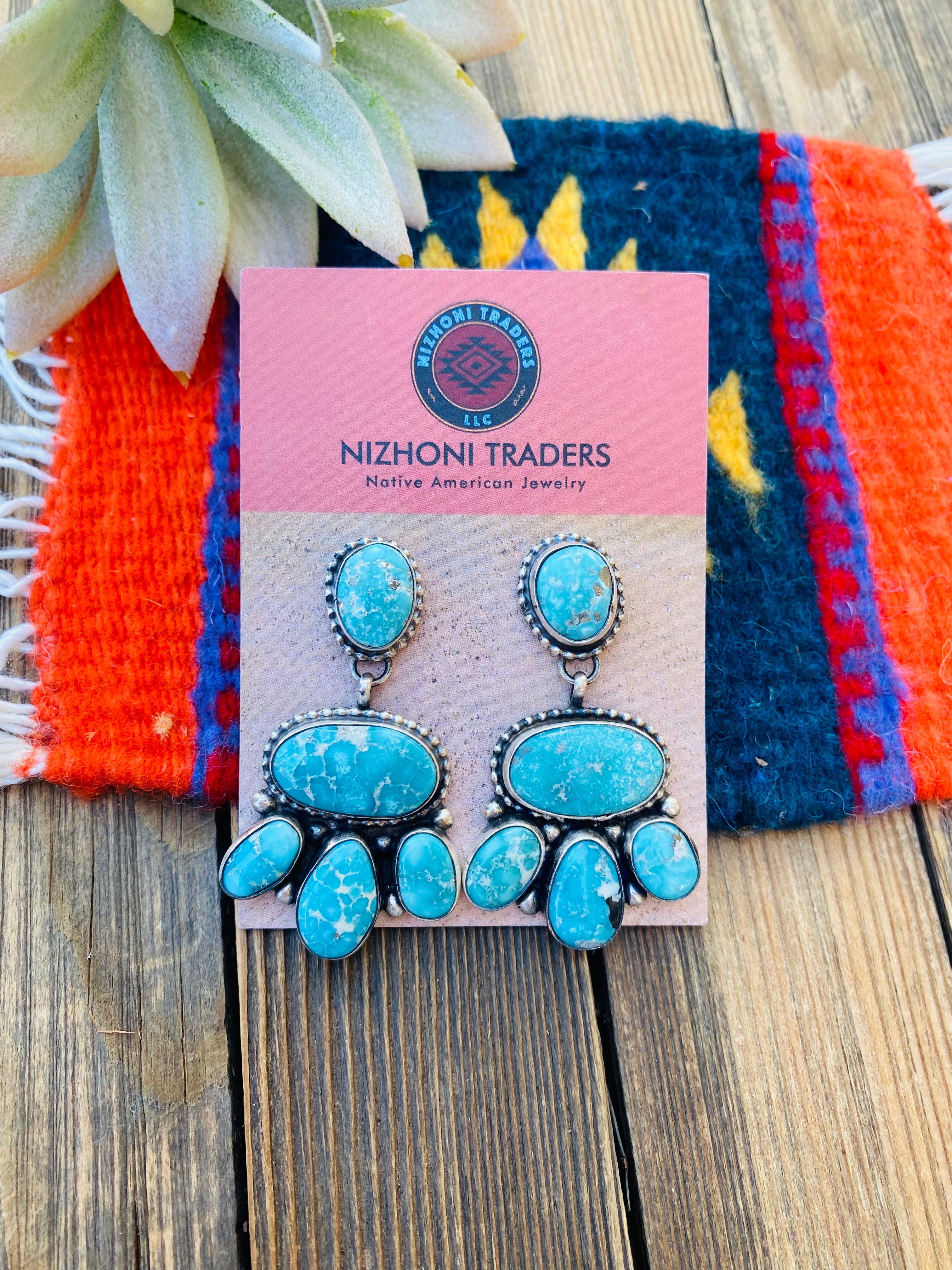 Navajo Turquoise & Sterling Silver Cluster Dangle Earrings