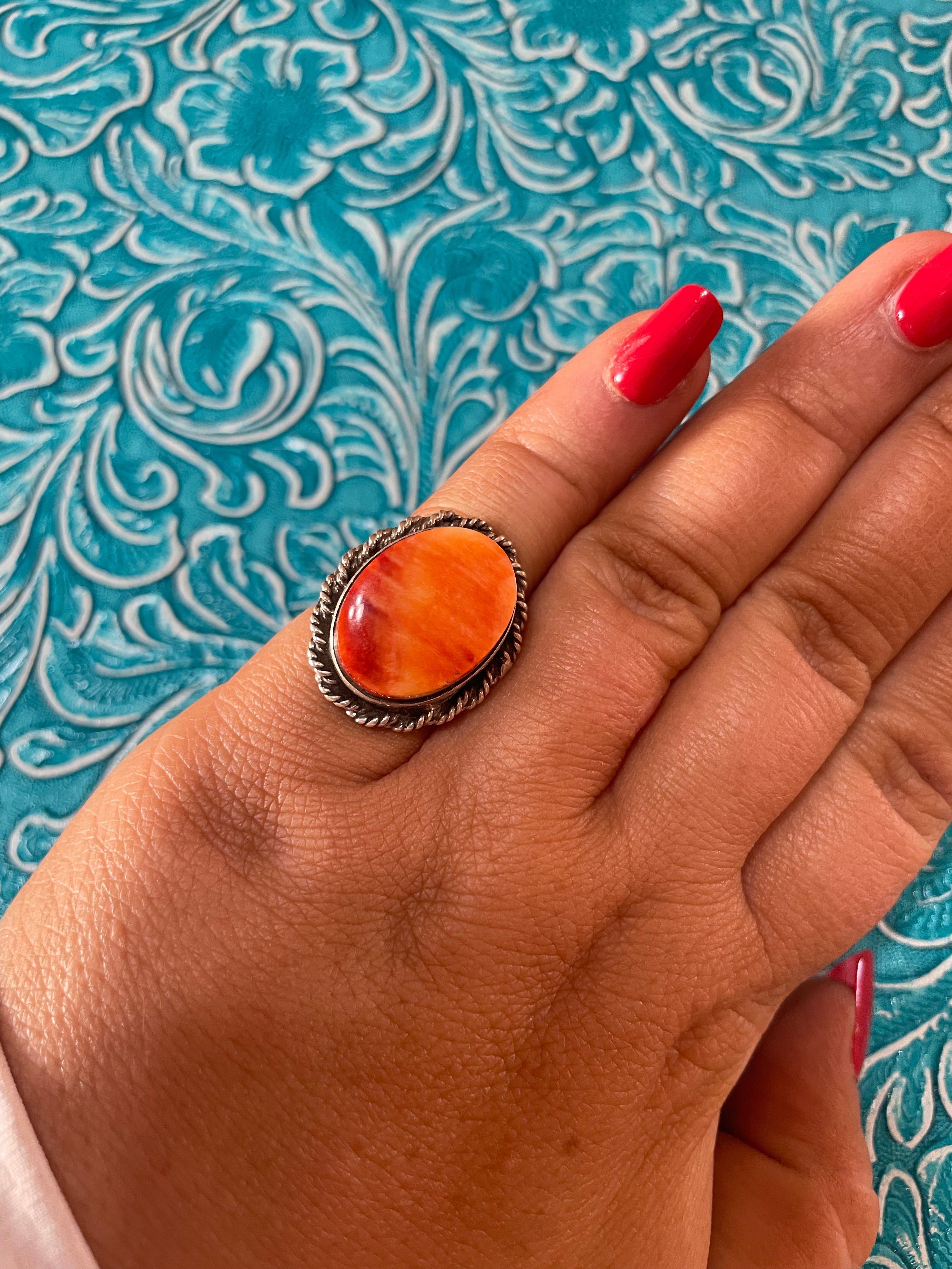 Old Pawn Navajo Sterling Silver & Orange Spiny Ring Size 5