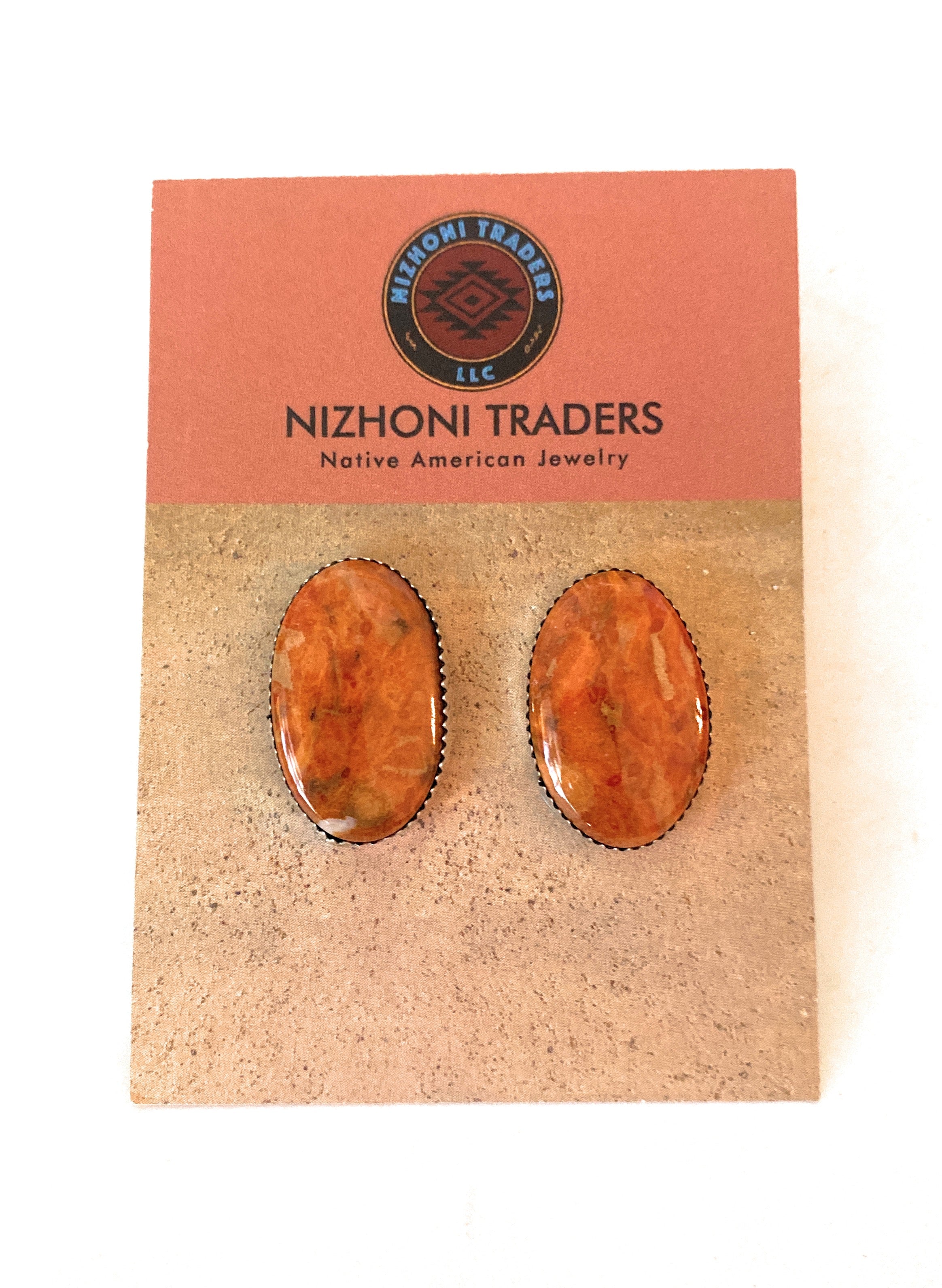 Navajo Sterling Silver & Orange Spiny Post Earrings 1”