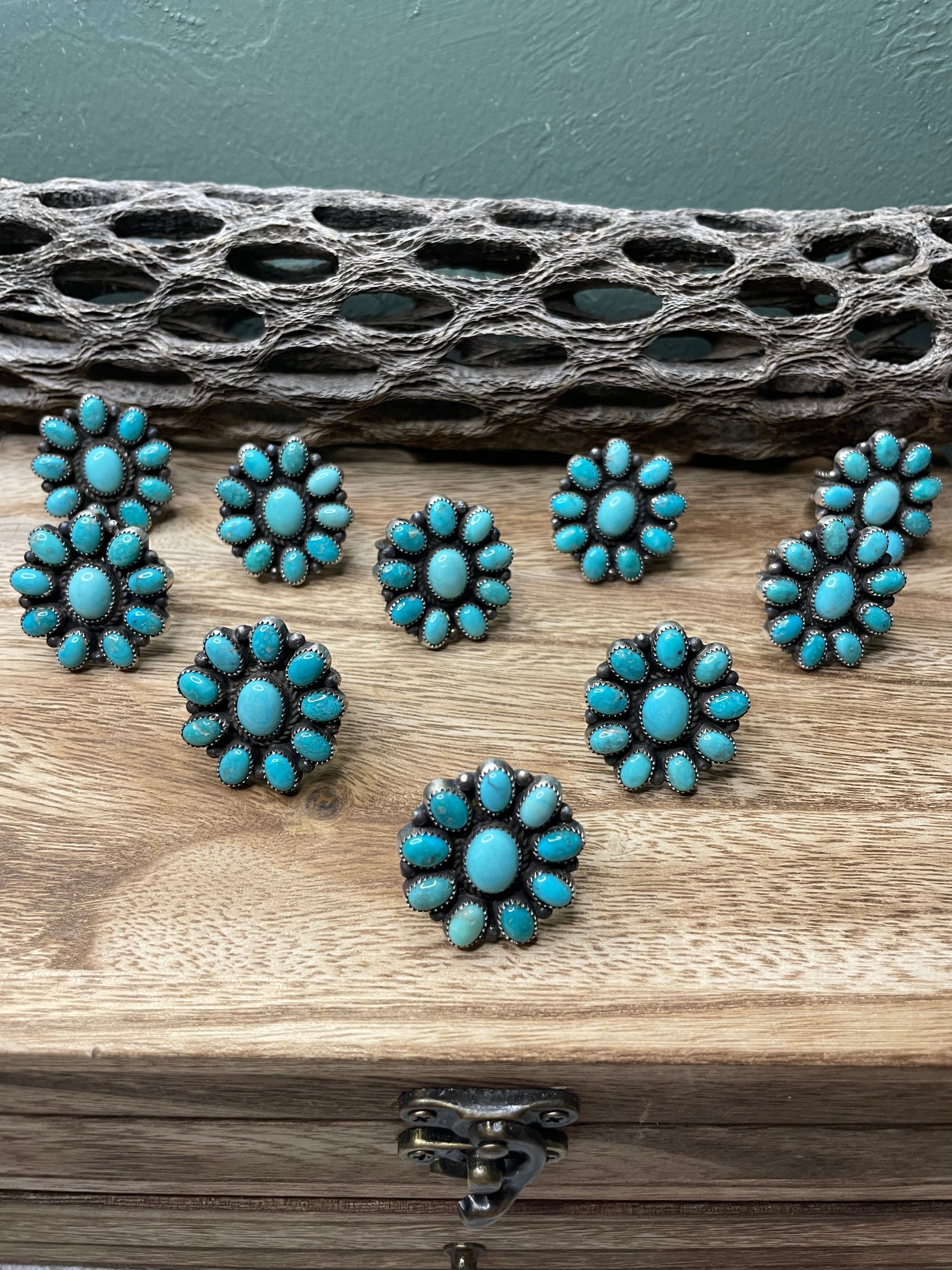 Navajo Turquoise And Sterling Silver Adjustable Cluster Ring