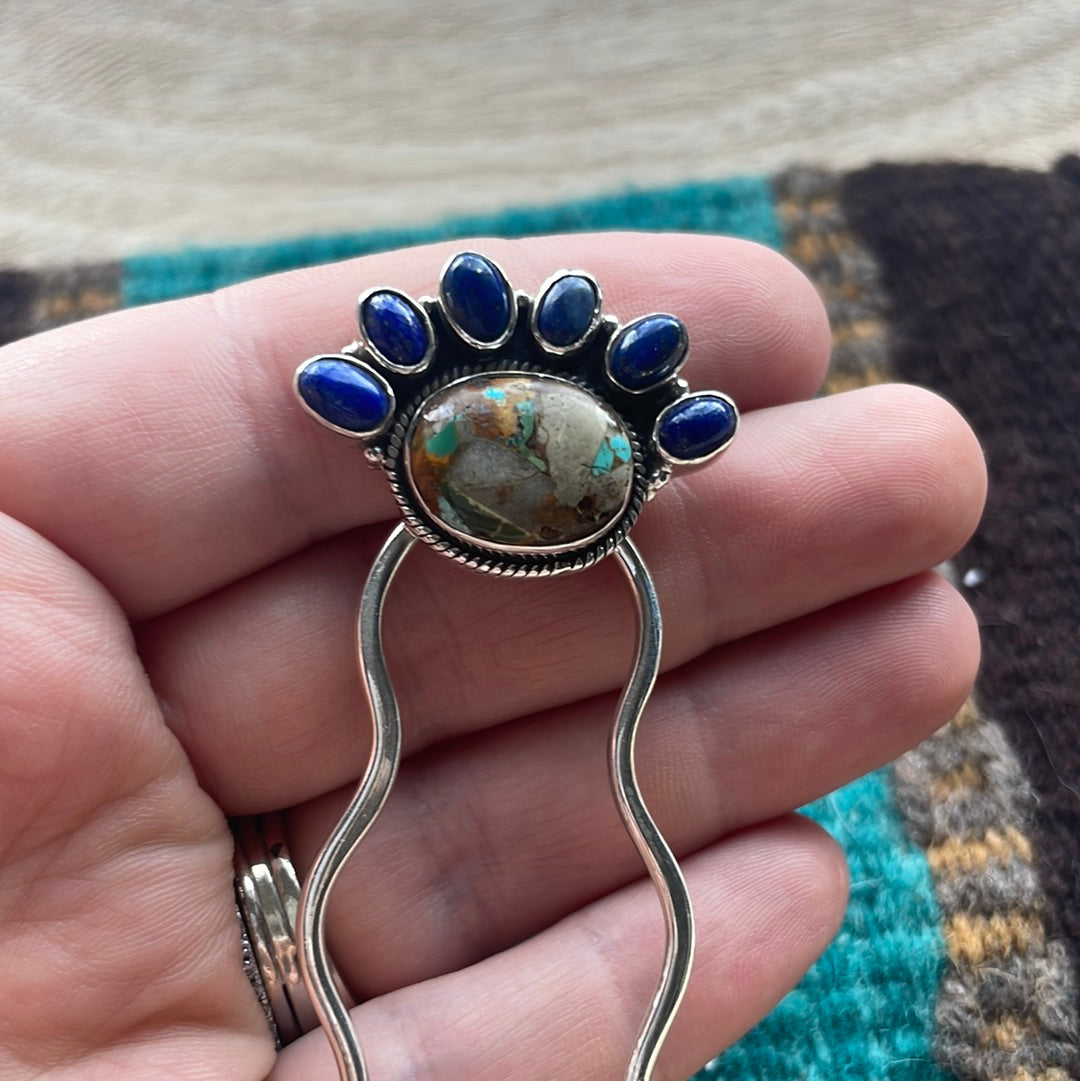 Handmade Lapis & Ribbon Turquoise Sterling Silver Hair Pin Signed Nizhoni