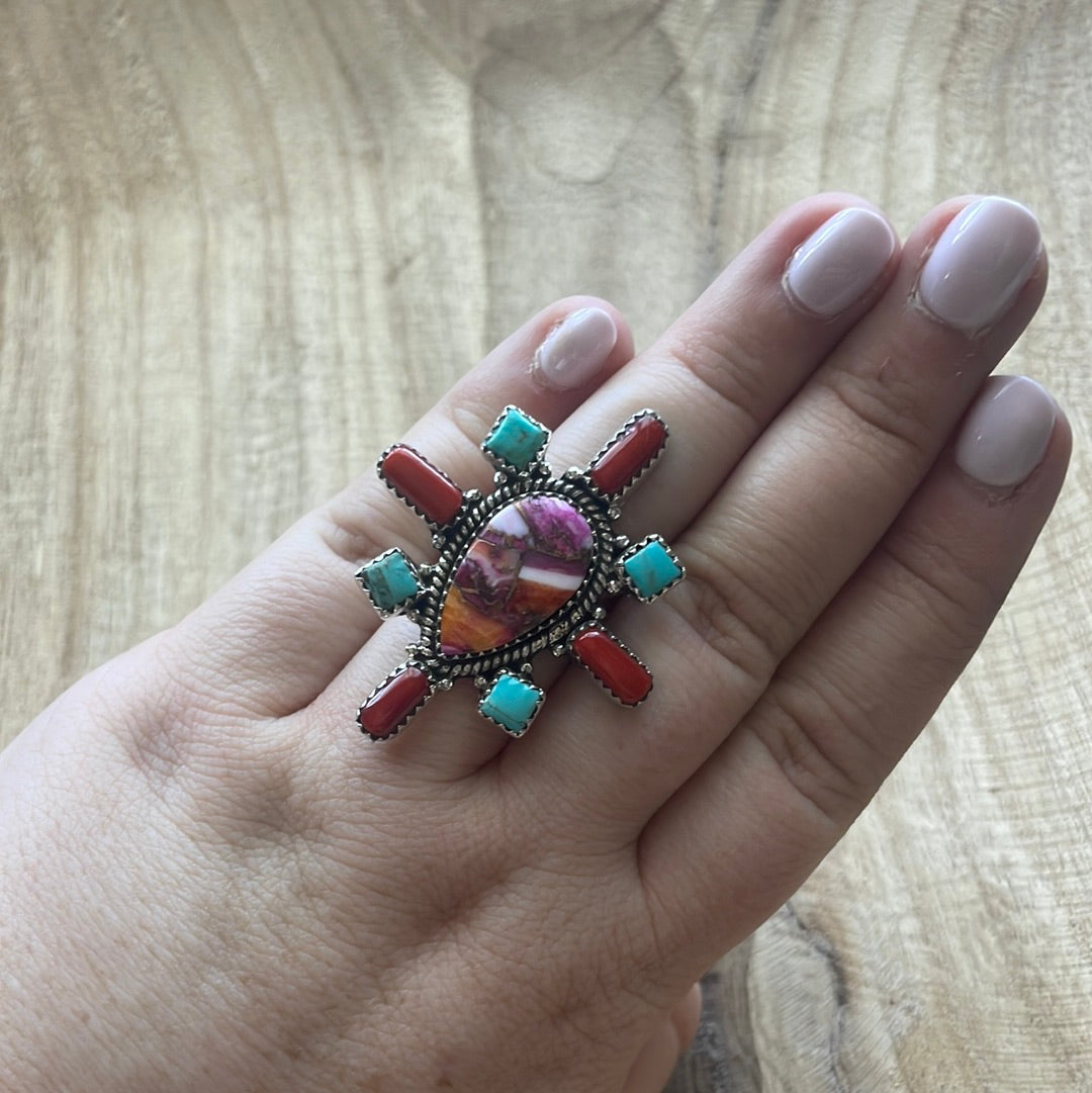 Handmade Turquoise, Coral, Pink Dream And Sterling Silver Adjustable Ring Signed Nizhoni