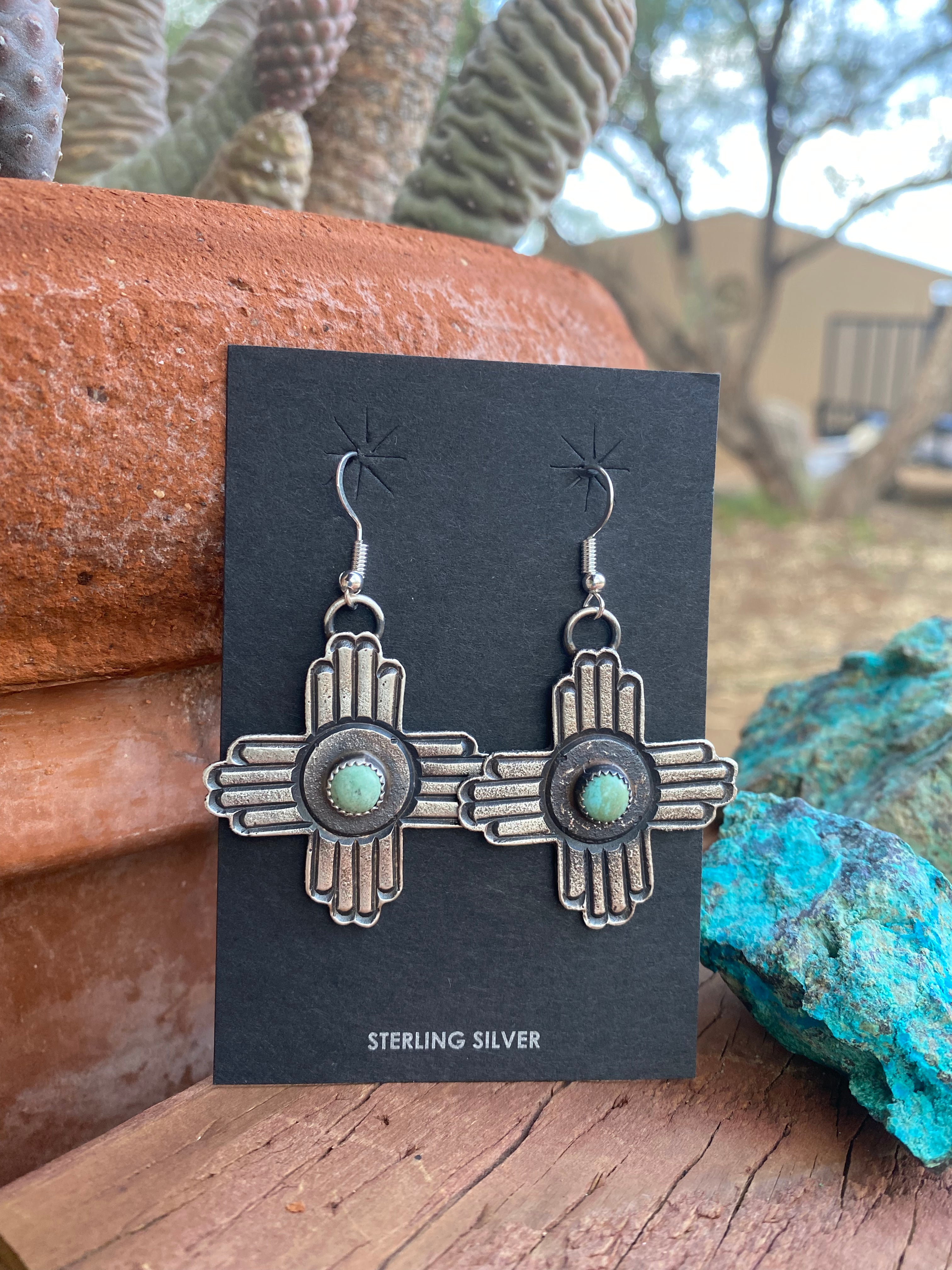 Navajo Turquoise & Sterling Silver Zia Dangle Earrings By Kevin Billah