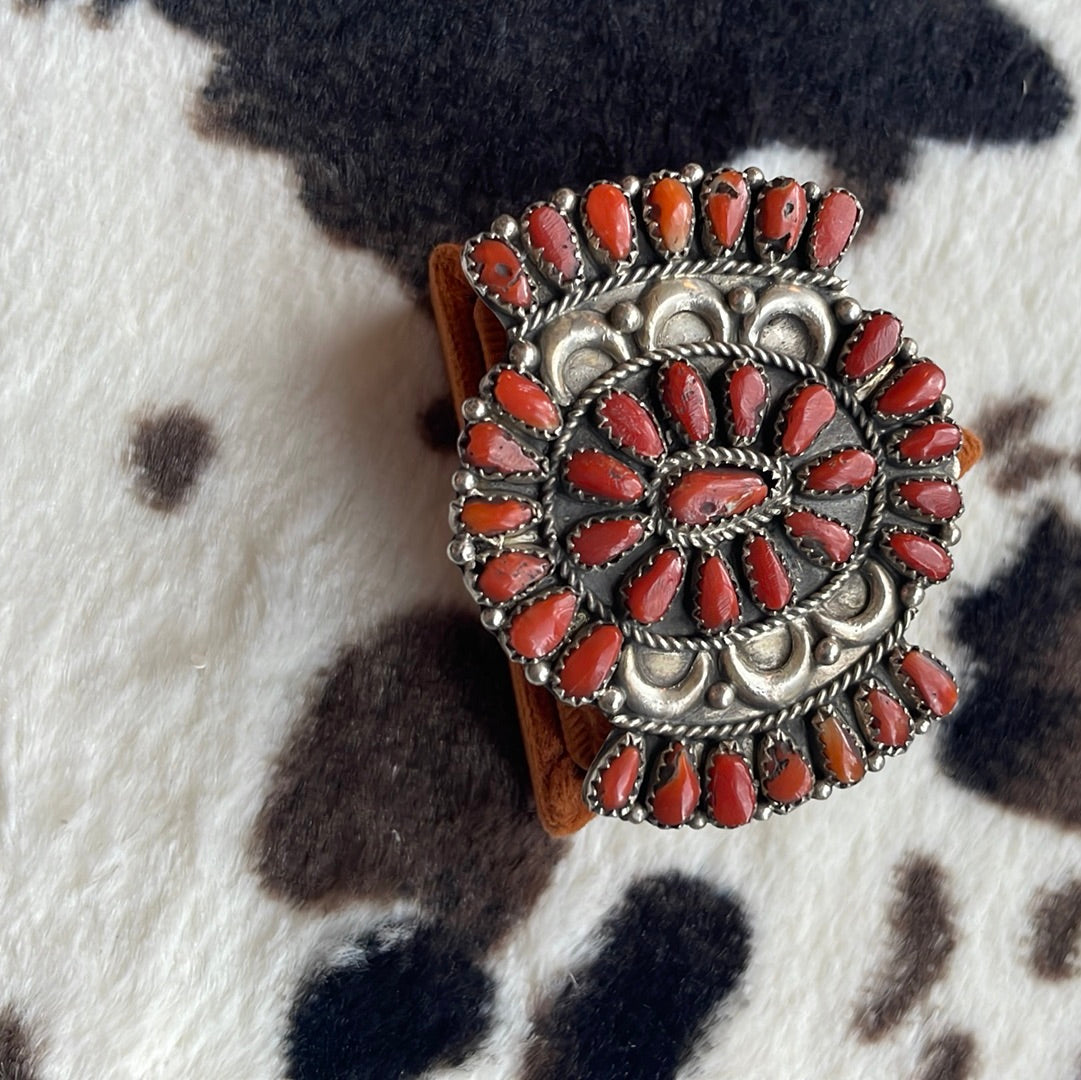 Navajo  Coral & Sterling Silver Ring Size 8 Signed