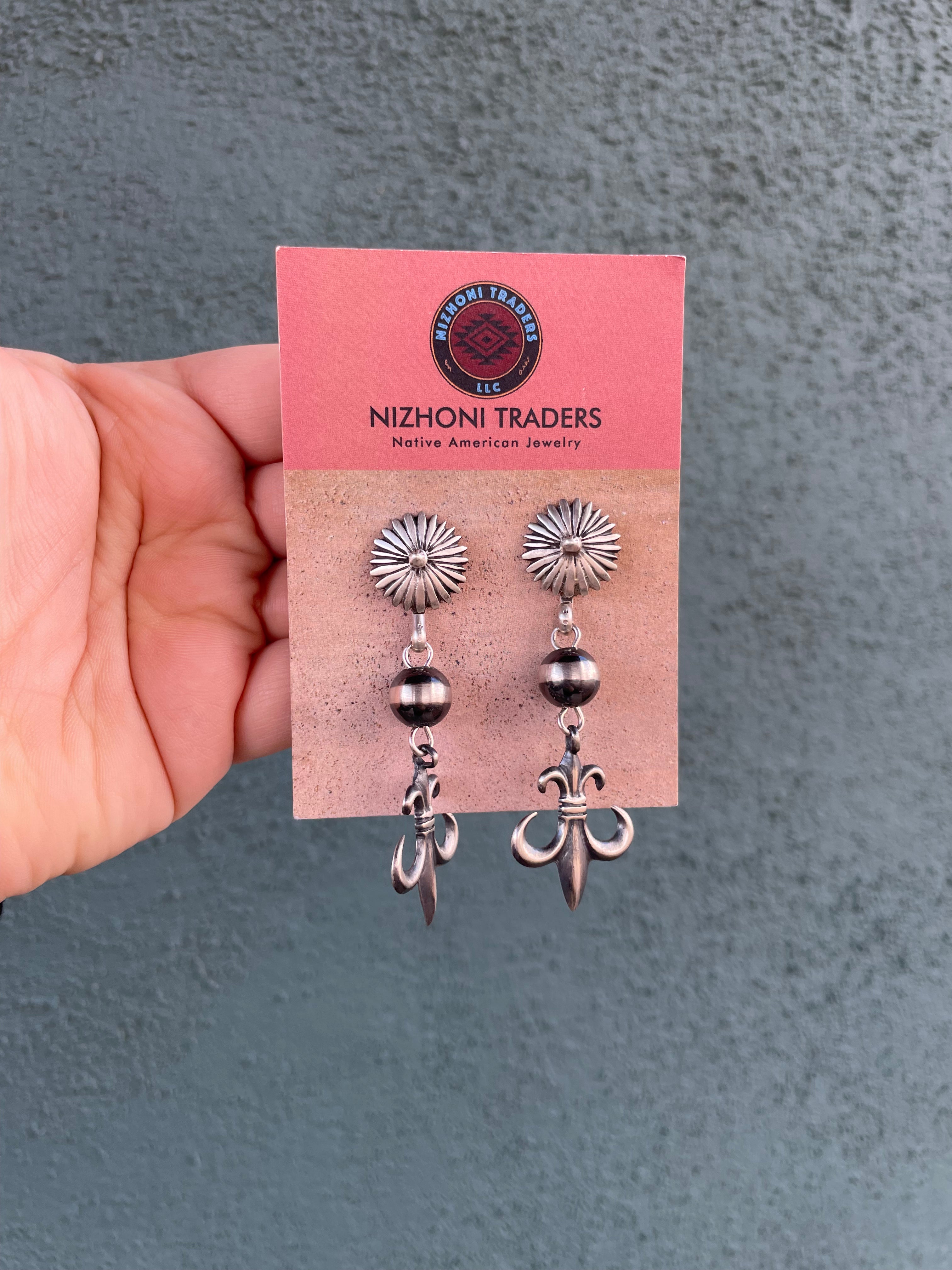 Navajo Sterling Silver Flower Dangle Earrings