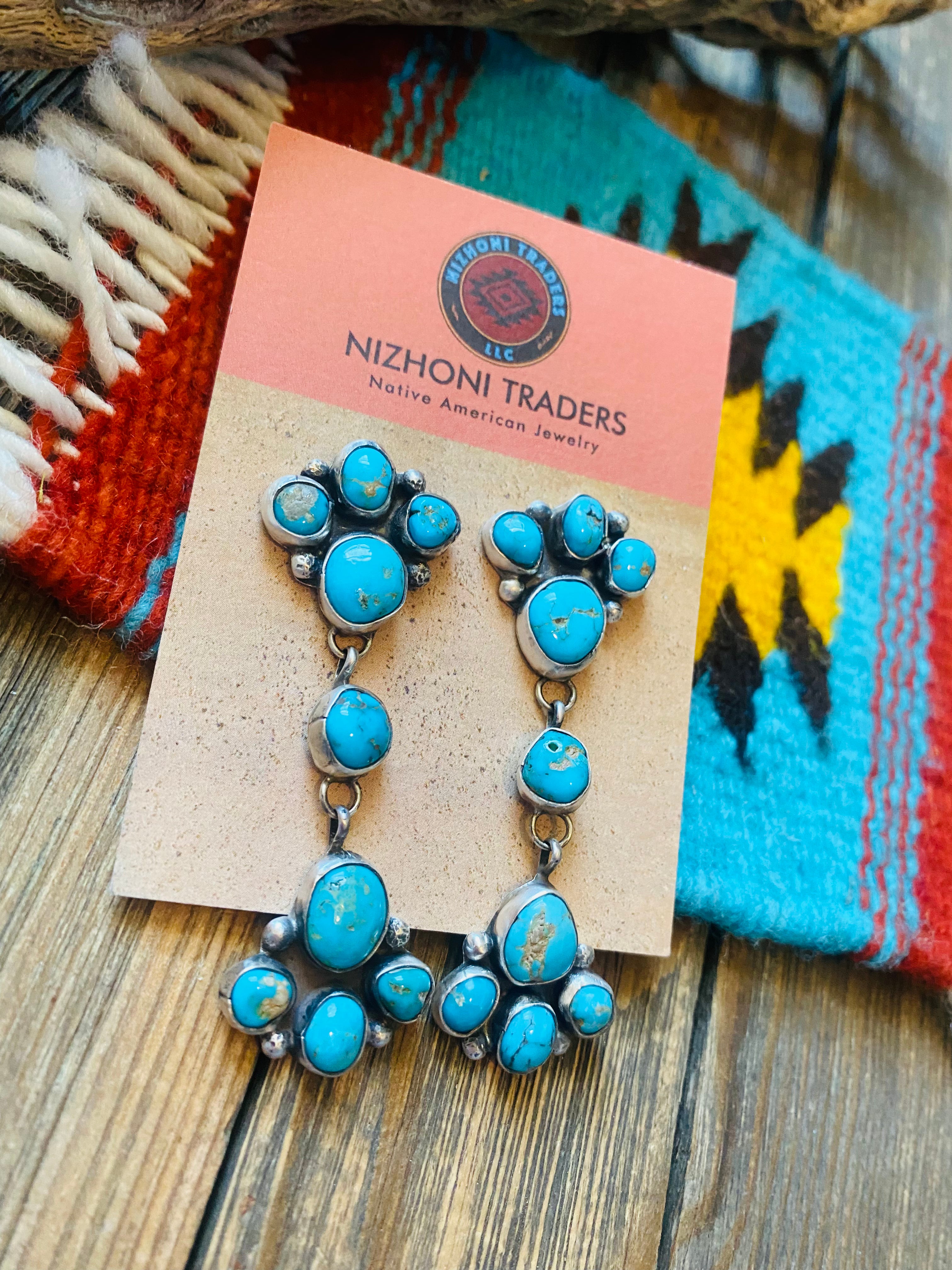 Navajo Sterling Silver & Kingman Turquoise Cluster Earrings