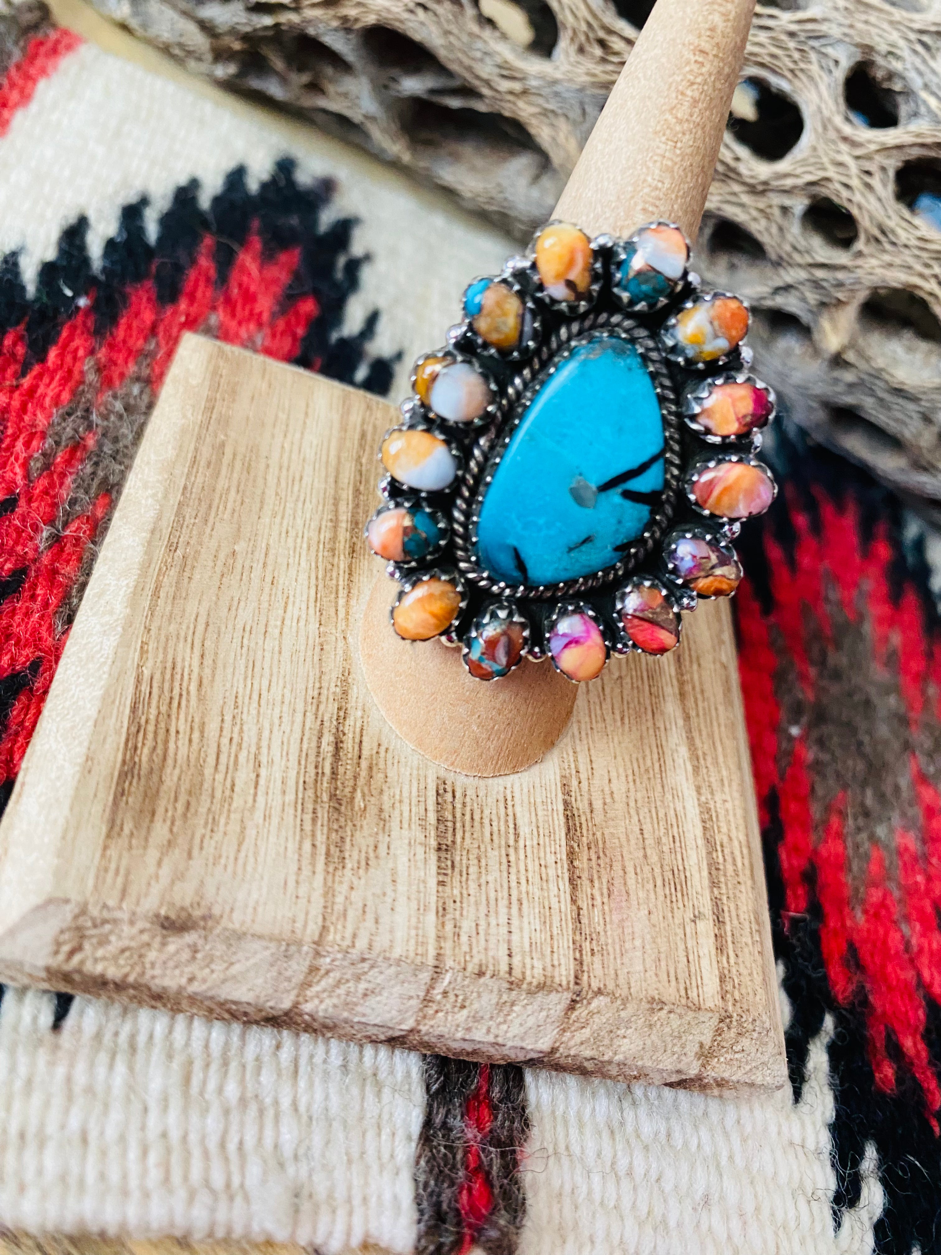 Handmade Sterling Silver, Spice & Turquoise Cluster Adjustable Ring