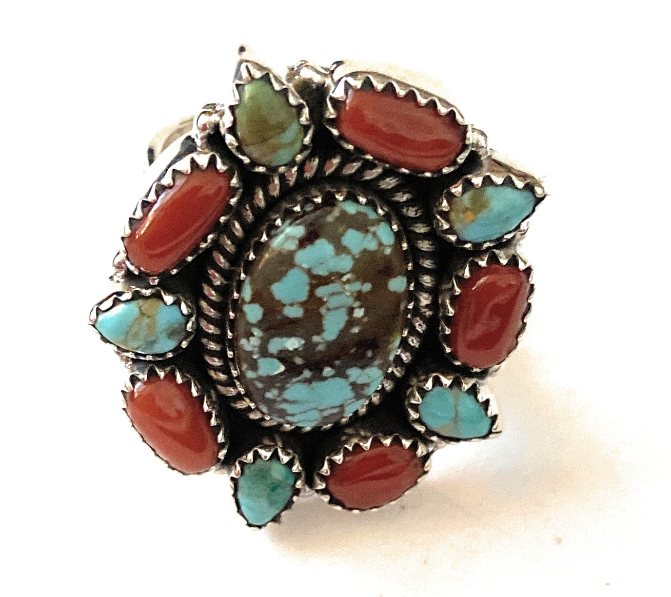 Handmade Sterling Silver, Coral & Number 8 Turquoise Cluster Adjustable Ring