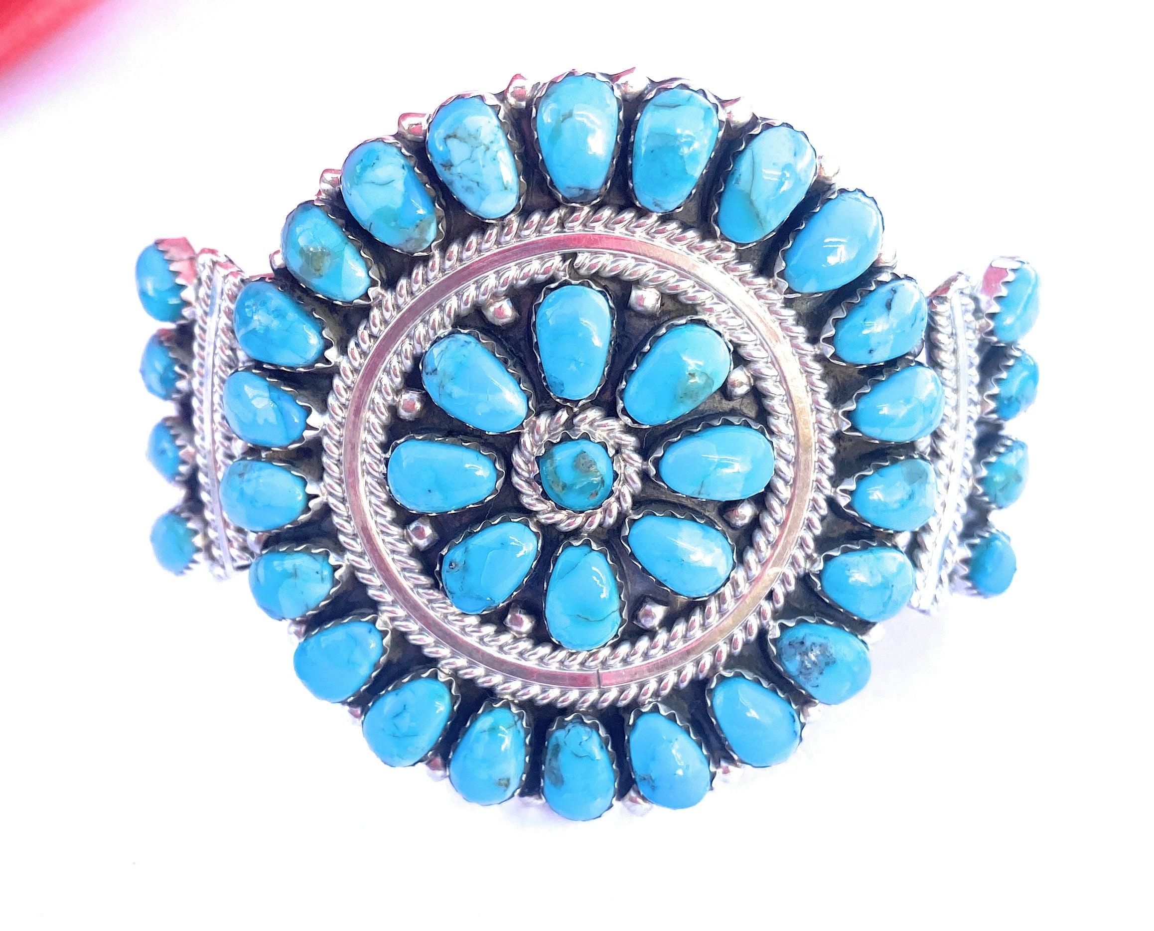 Navajo Kingman Turquoise & Sterling Silver Cluster Bracelet Cuff