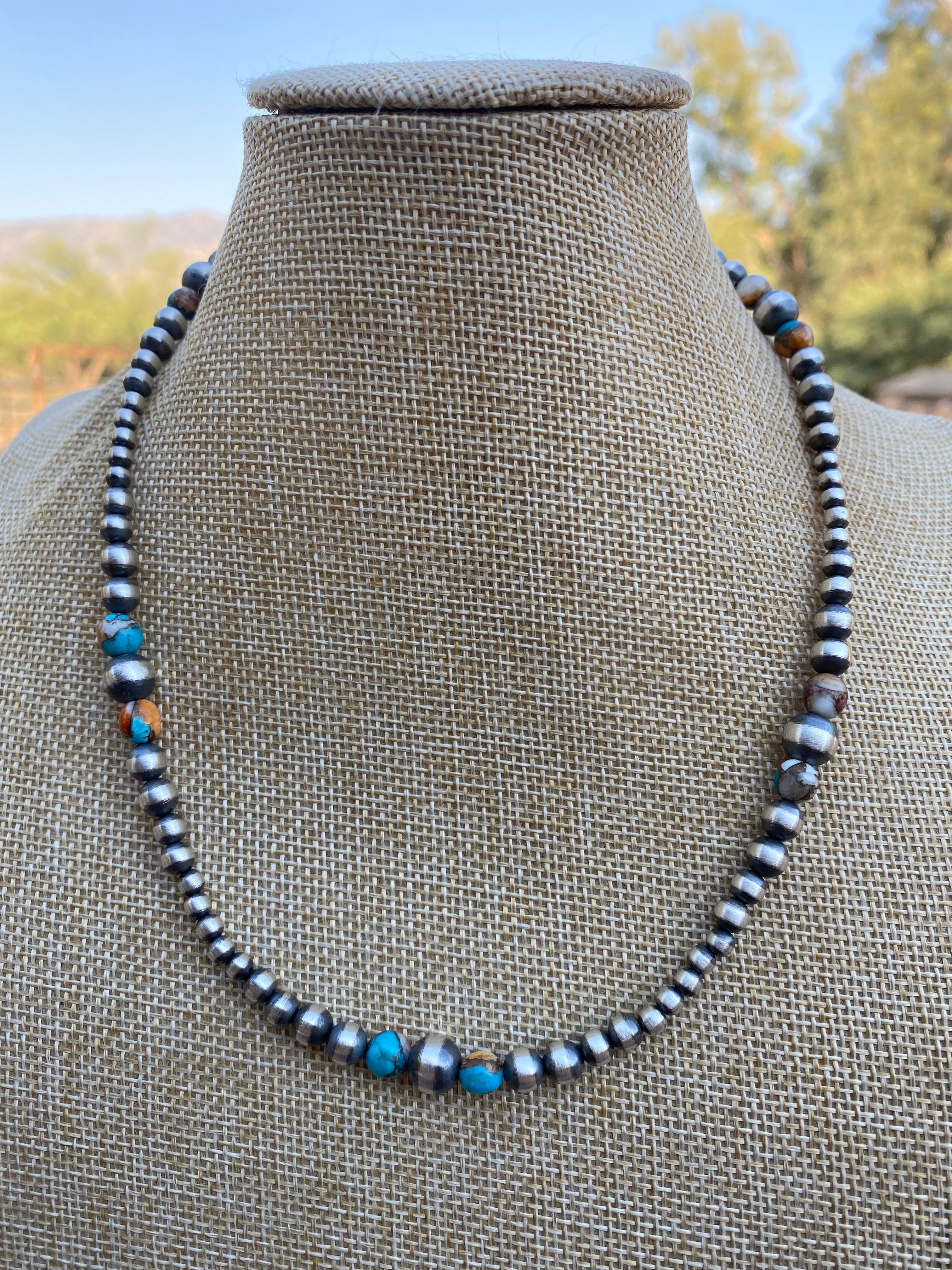 Handcrafted Turquoise & Spiny Spice Sterling Silver Beaded Necklace 18 inch