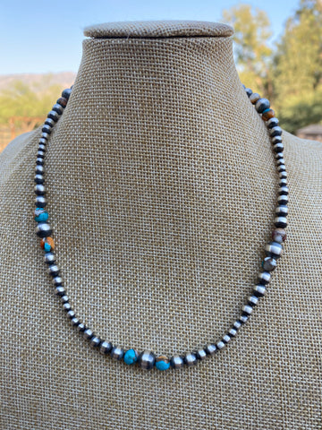 Handcrafted Turquoise & Spiny Spice Sterling Silver Beaded Necklace 18 inch