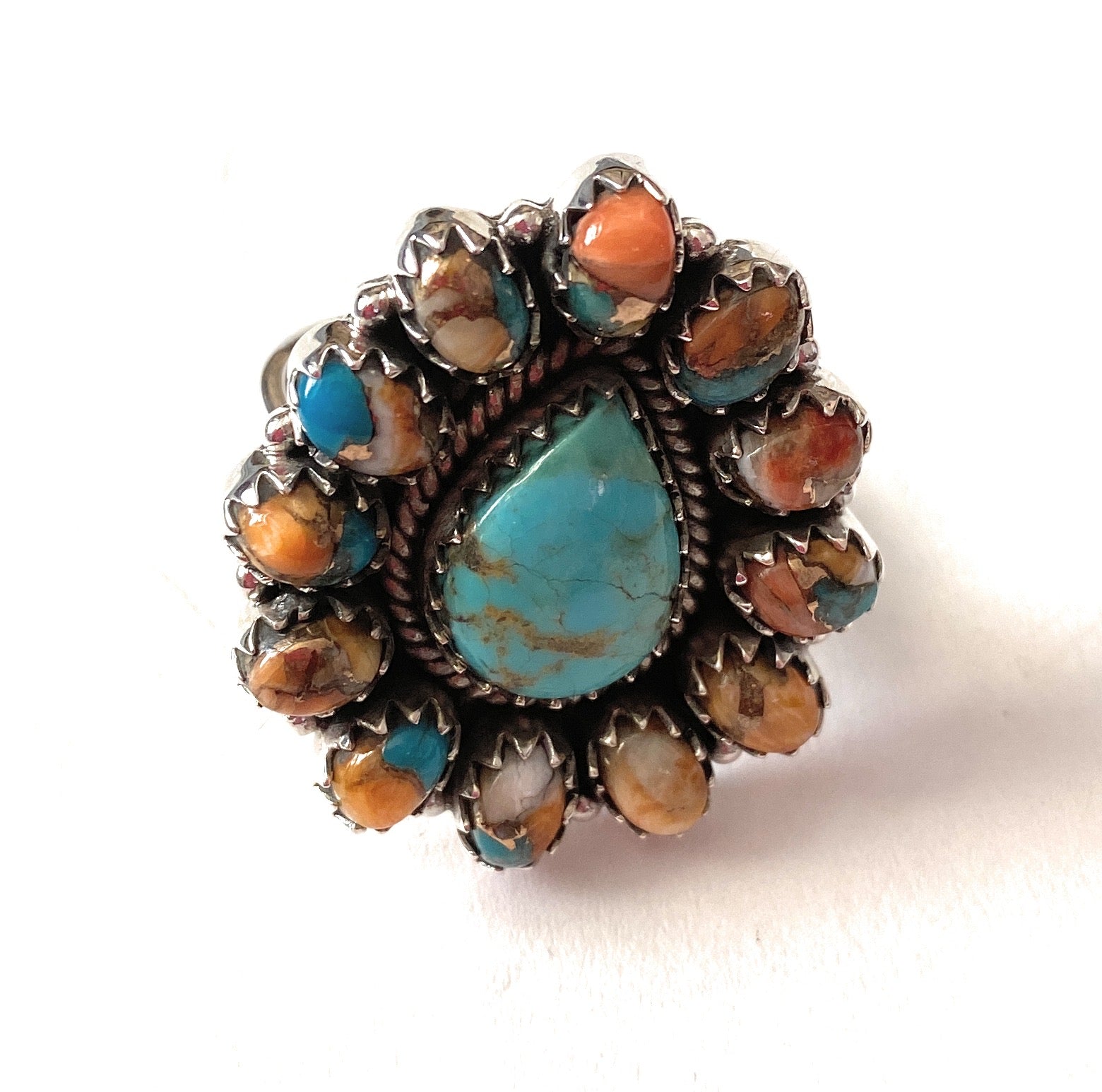 Handmade Sterling Silver, Spice & Turquoise Cluster Adjustable Ring