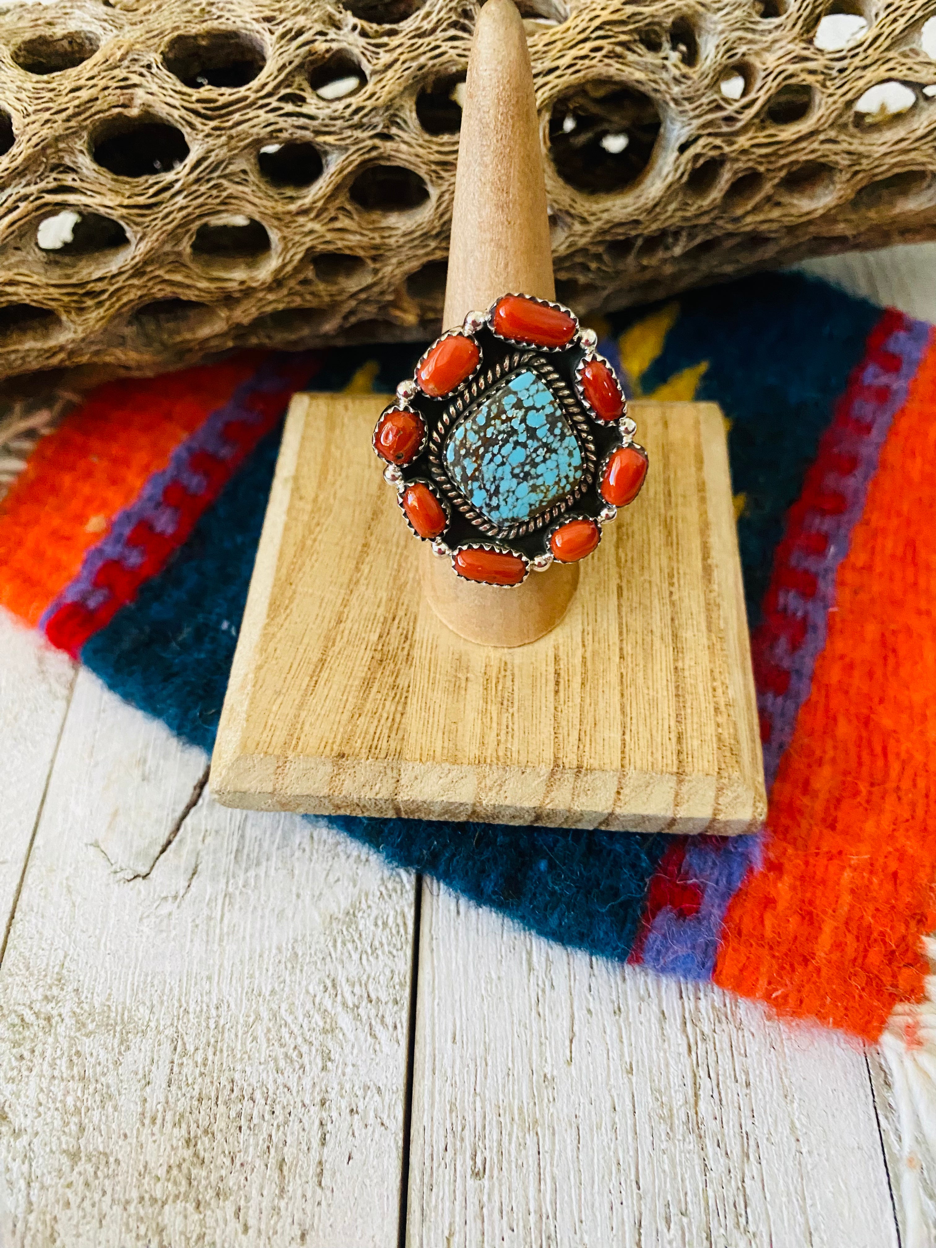 Handmade Sterling Silver, Coral & Number 8 Turquoise Cluster Adjustable Ring