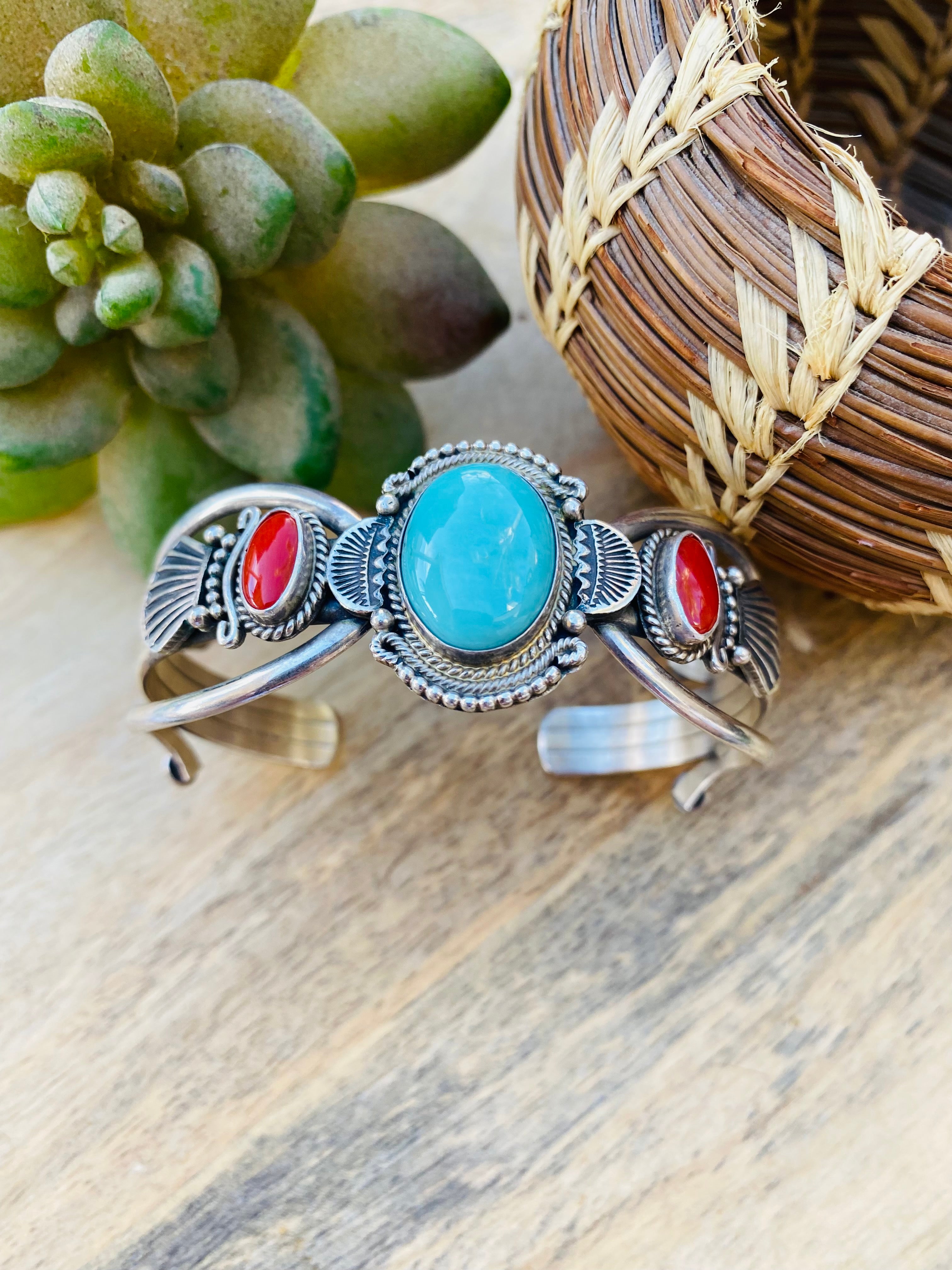 Vintage Navajo Turquoise, Coral & Sterling Silver Cuff Bracelet Signed