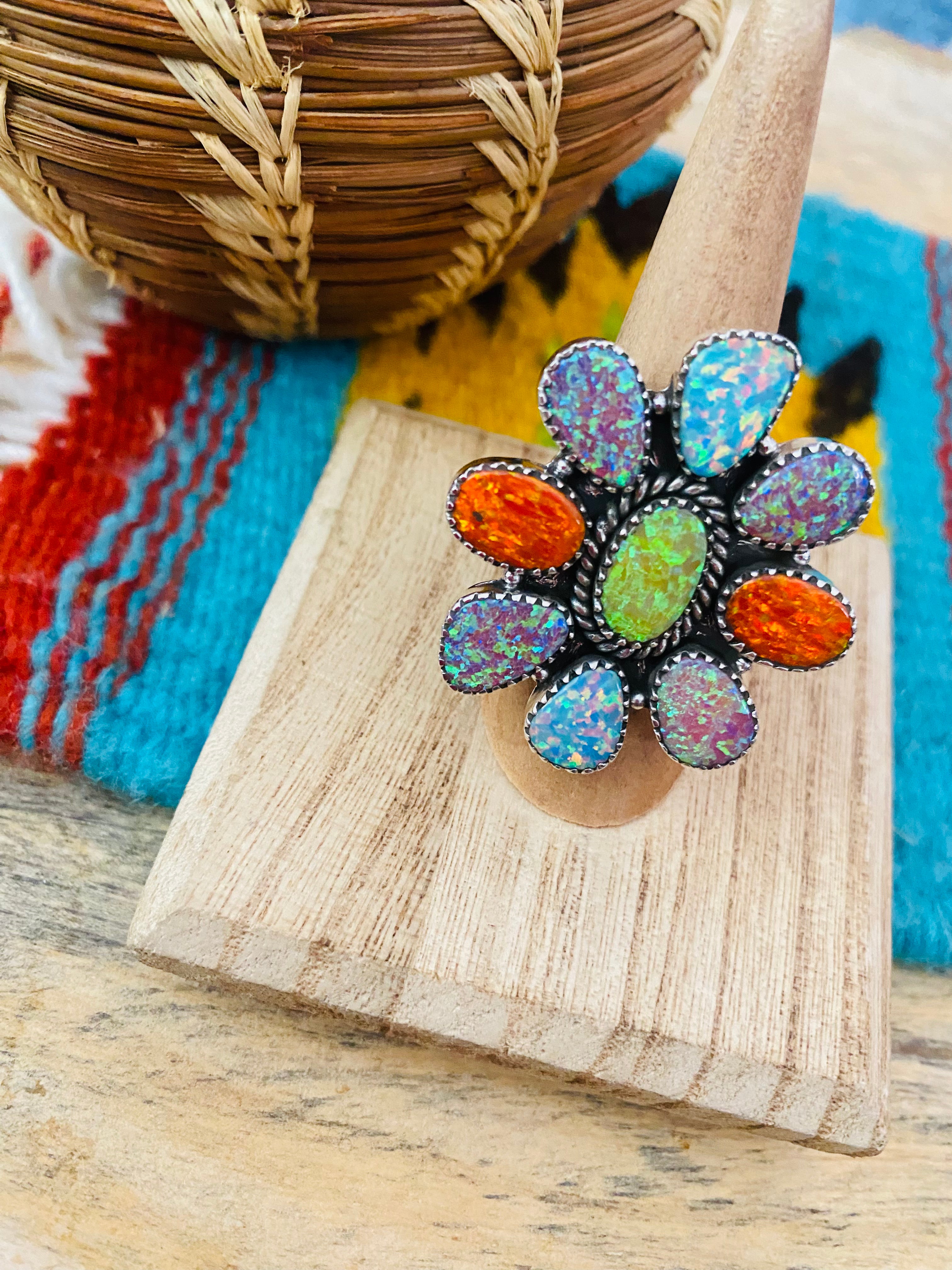 Handmade Sterling Silver & Opal Cluster Adjustable Ring