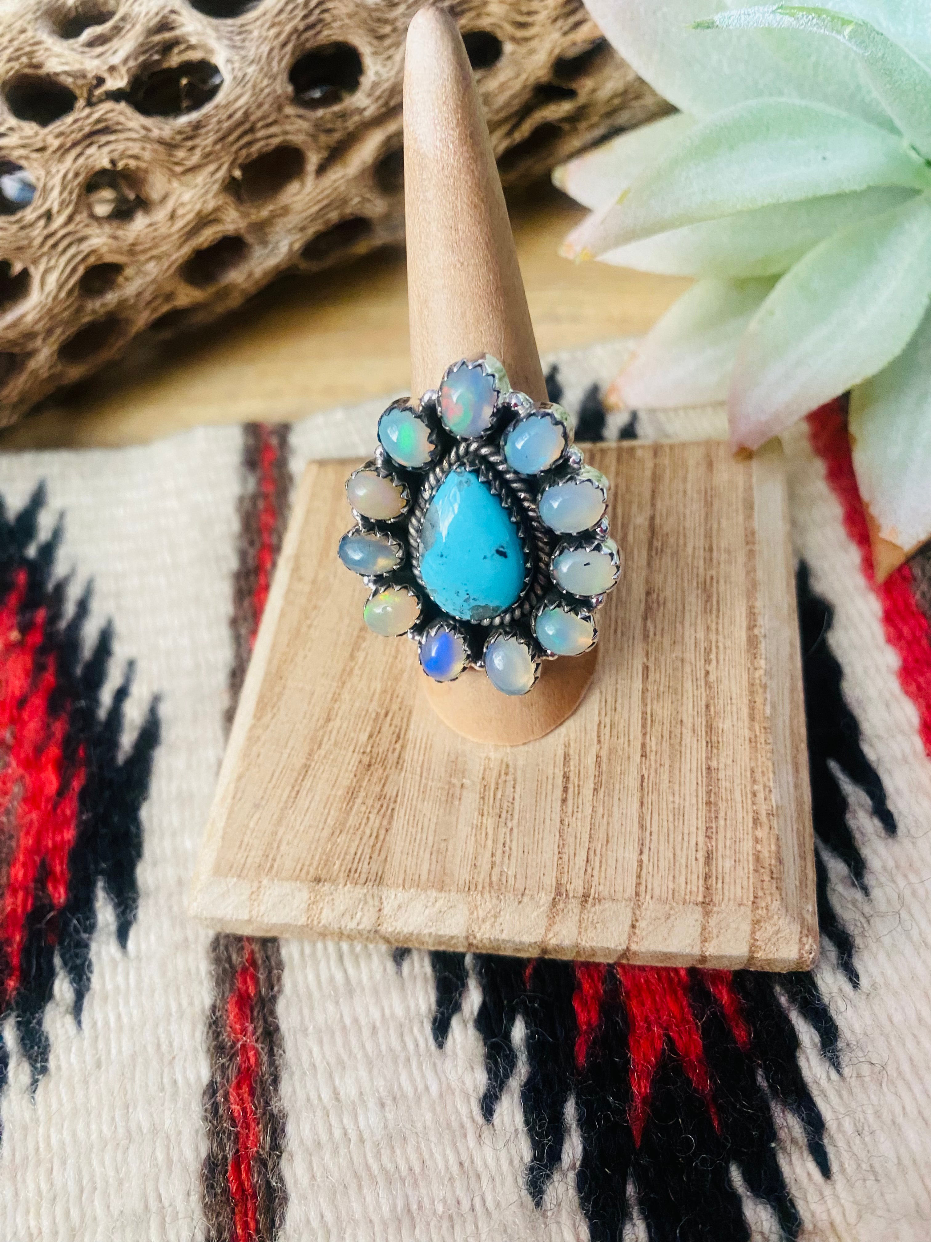 Handmade Sterling Silver, Turquoise & Opal Cluster Adjustable Ring