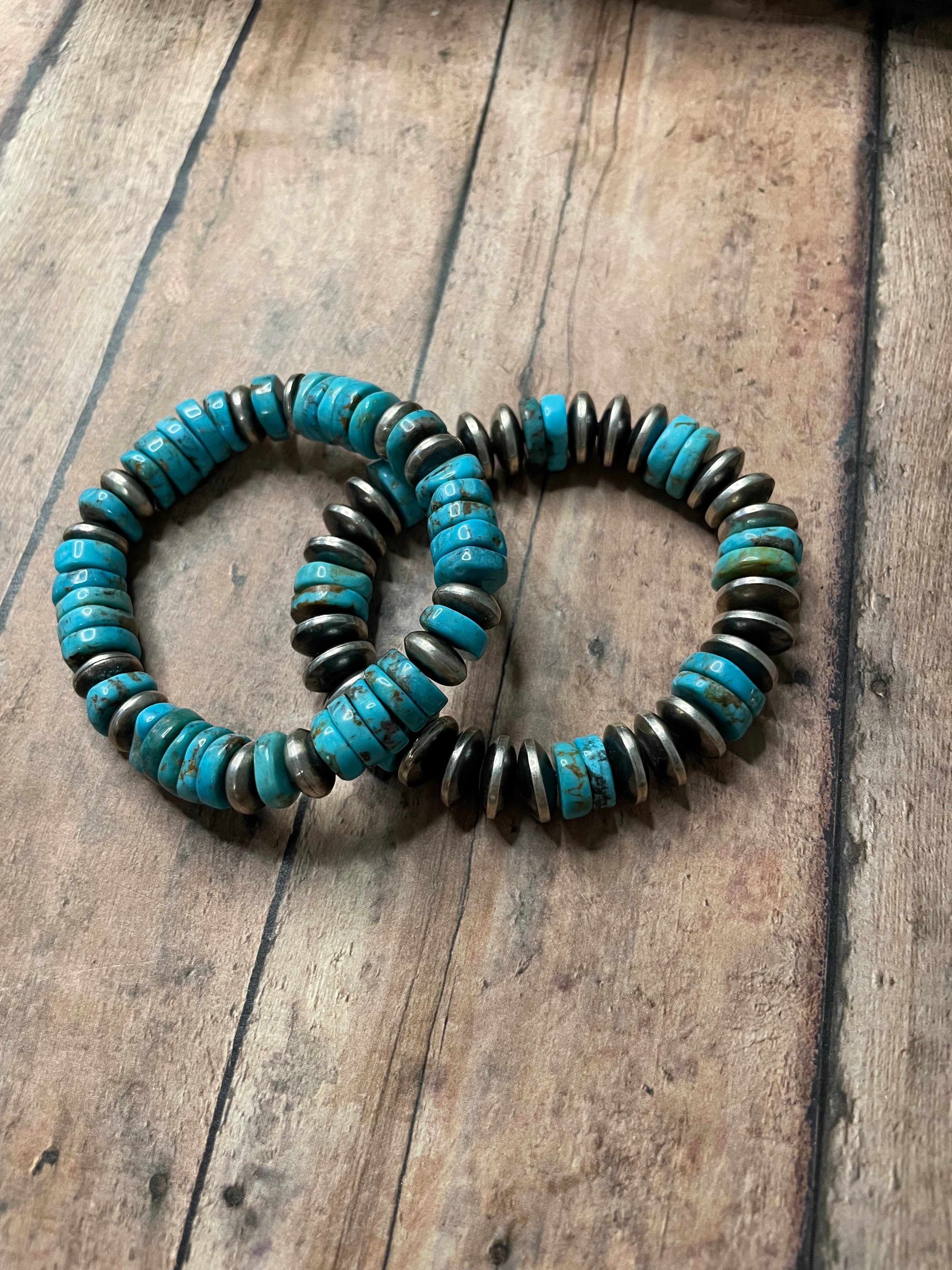 Navajo Sterling Silver Stretchy Natural #8 Turquoise Beaded Bracelet