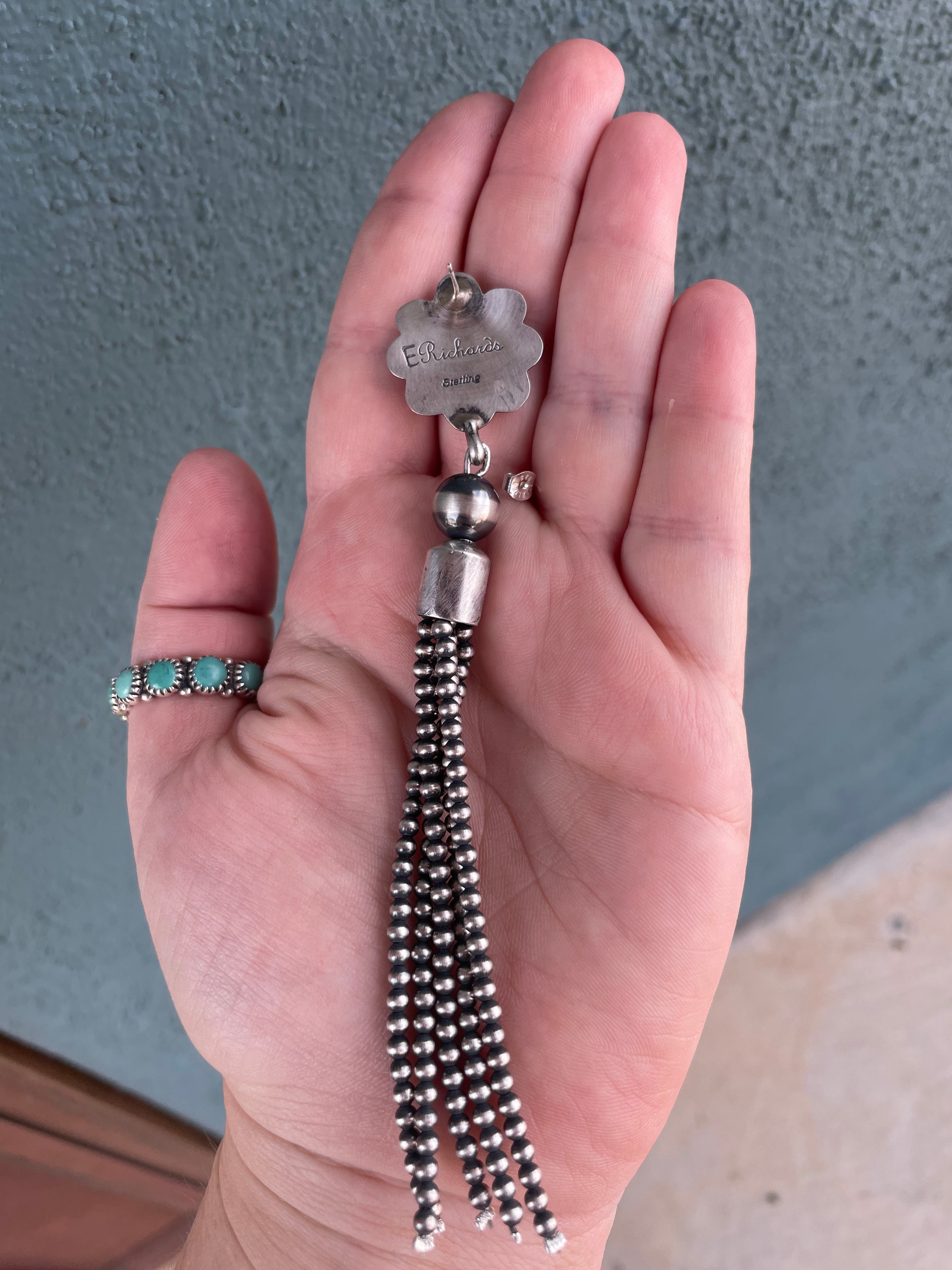 Navajo Sterling Silver Tassel Orange Spiny Flower Dangle Earrings Signed