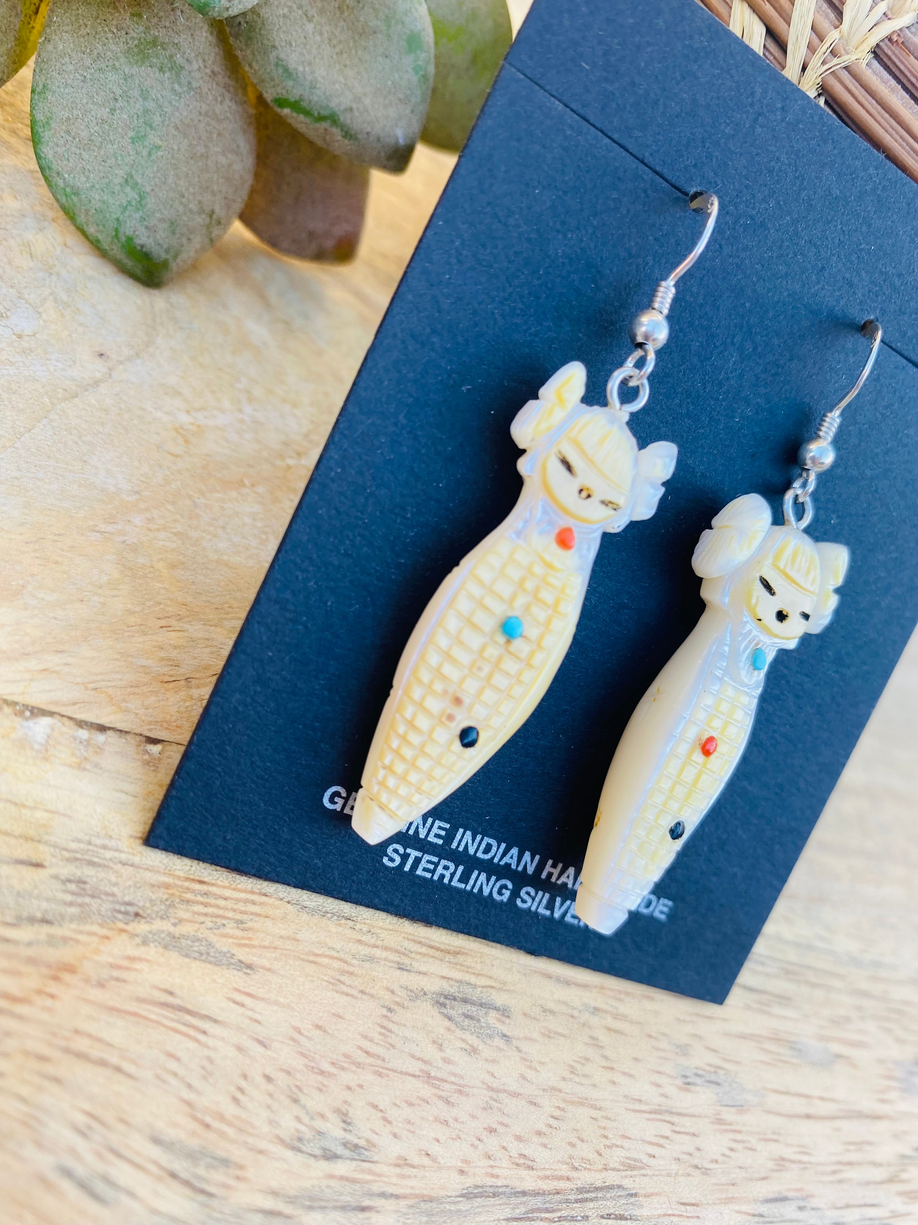 Vintage Zuni Hand Carved Mother of Pearl Corn Maiden Fetish Earrings