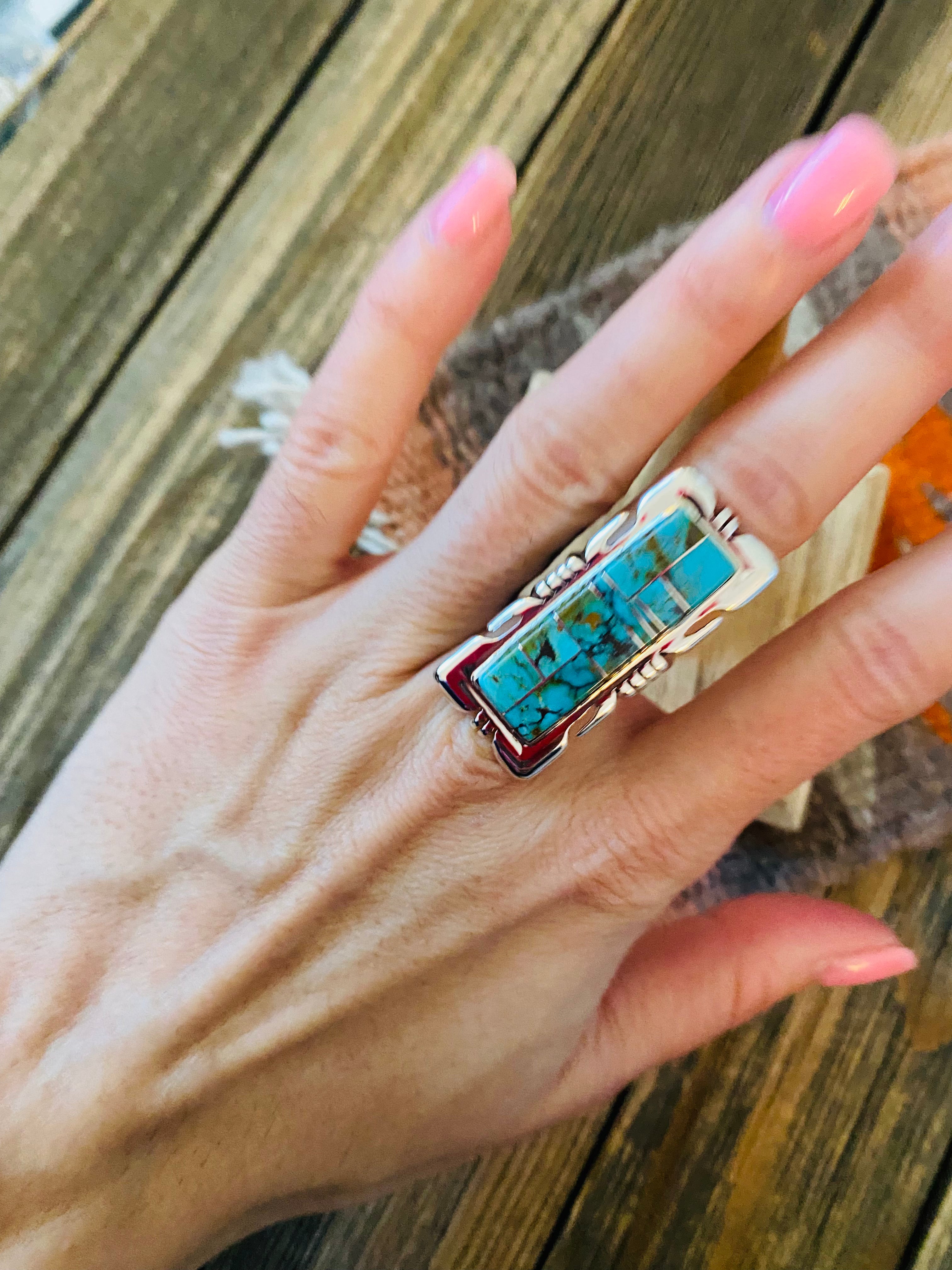 Navajo Sterling Silver & Turquoise Inlay Ring Size 6