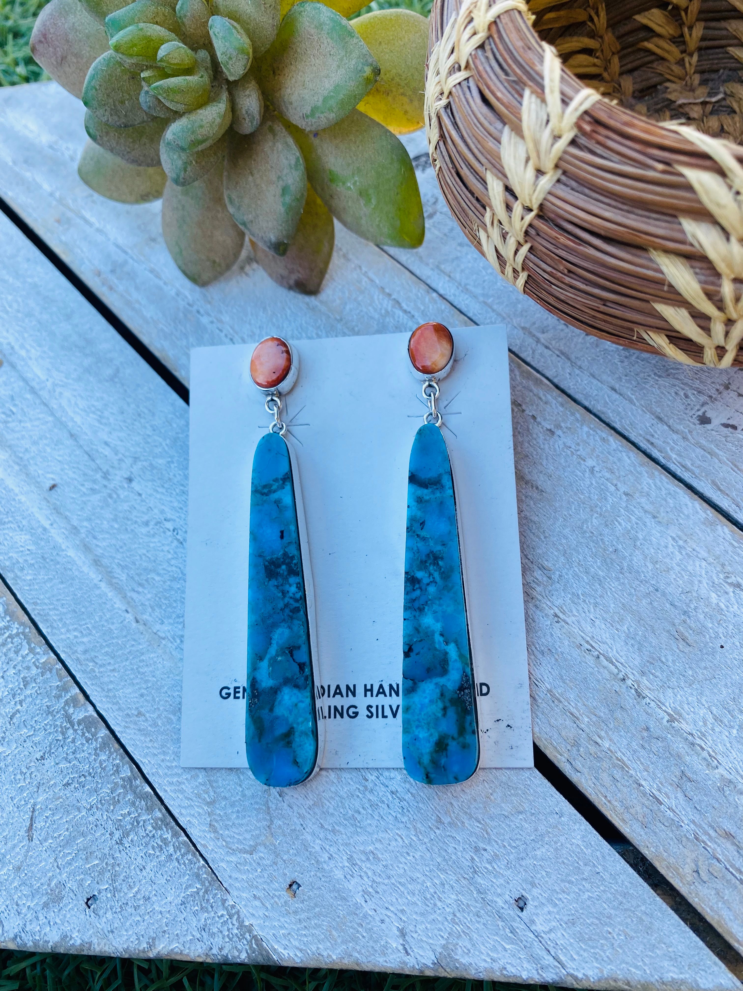 Navajo Sterling Silver, Turquoise & Spiny Slab Dangle Earrings