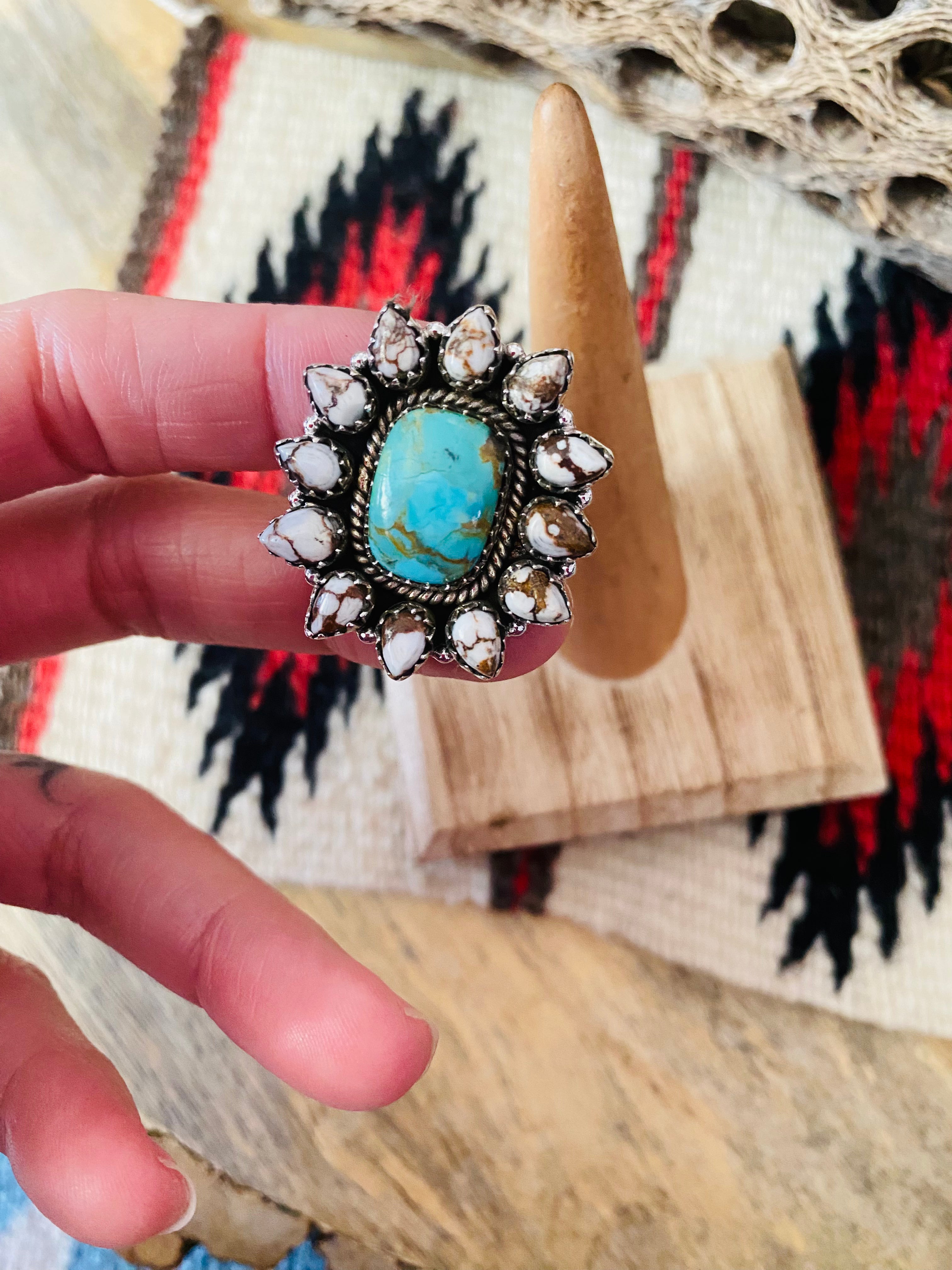 Handmade Sterling Silver, Wild Horse & Turquoise Cluster Adjustable Ring