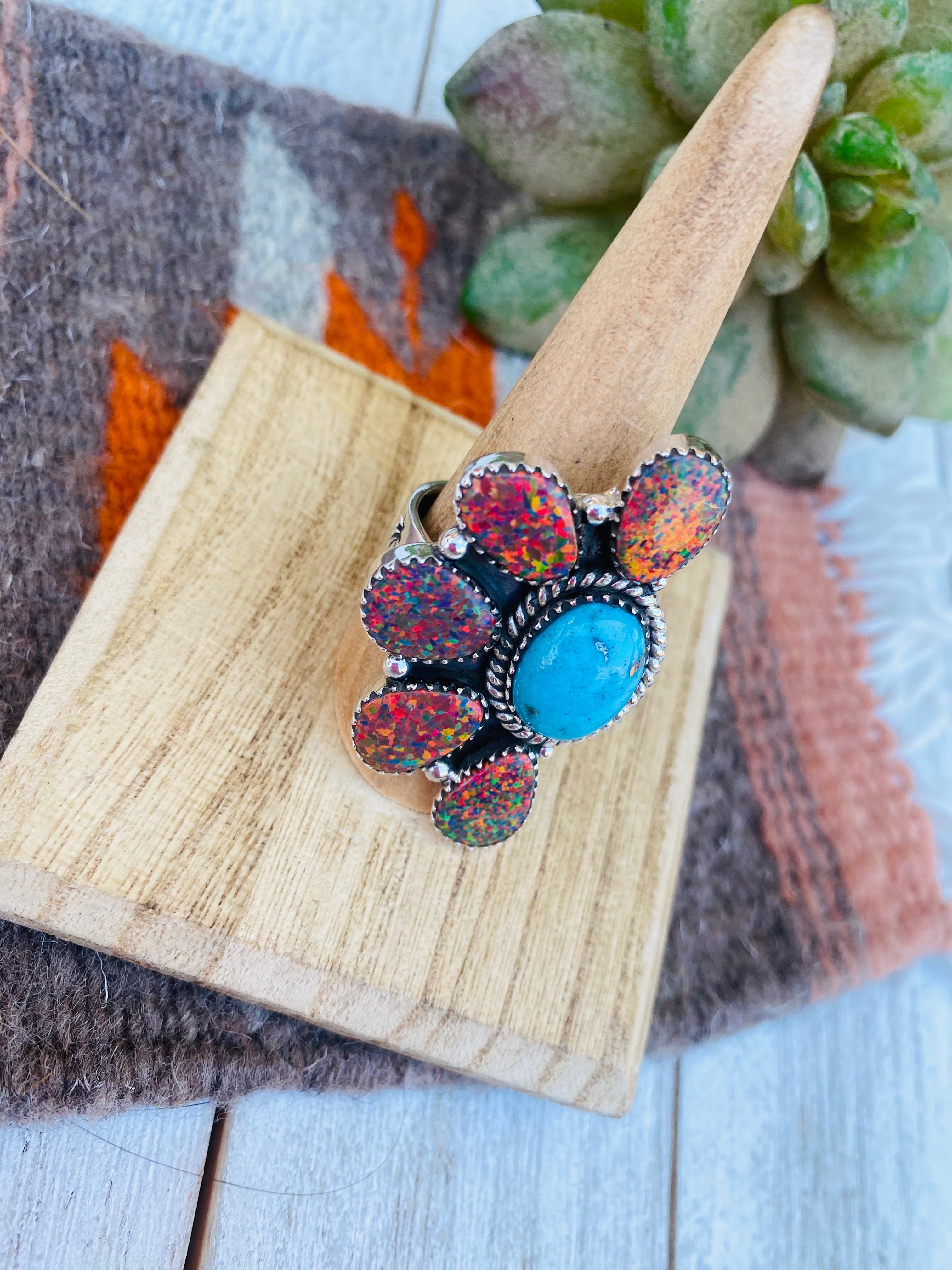 Handmade Sterling Silver, Opal & Turquoise Cluster Adjustable Ring