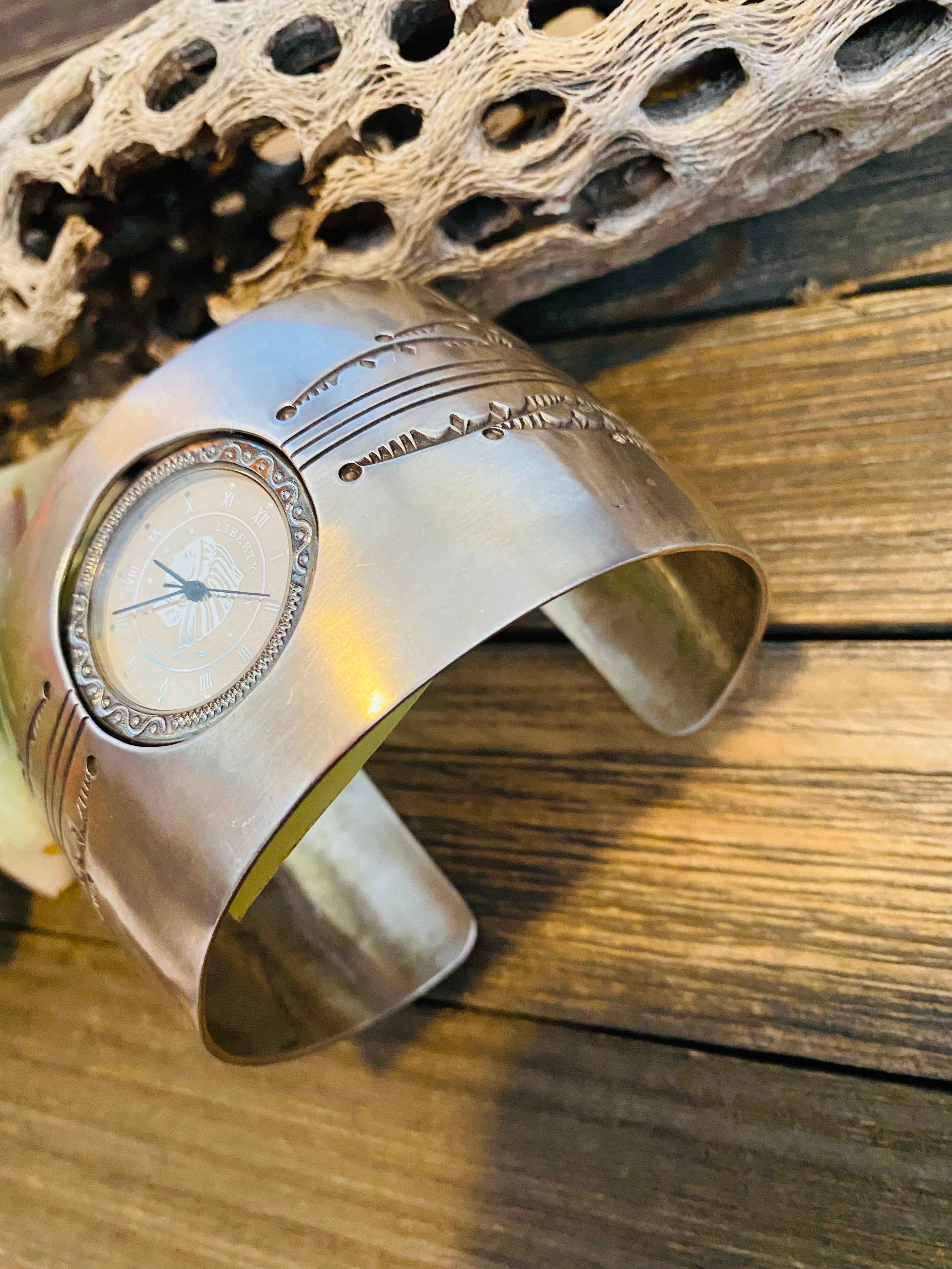 Old Pawn Vintage Navajo Hand Stamped Sterling Silver Watch Cuff