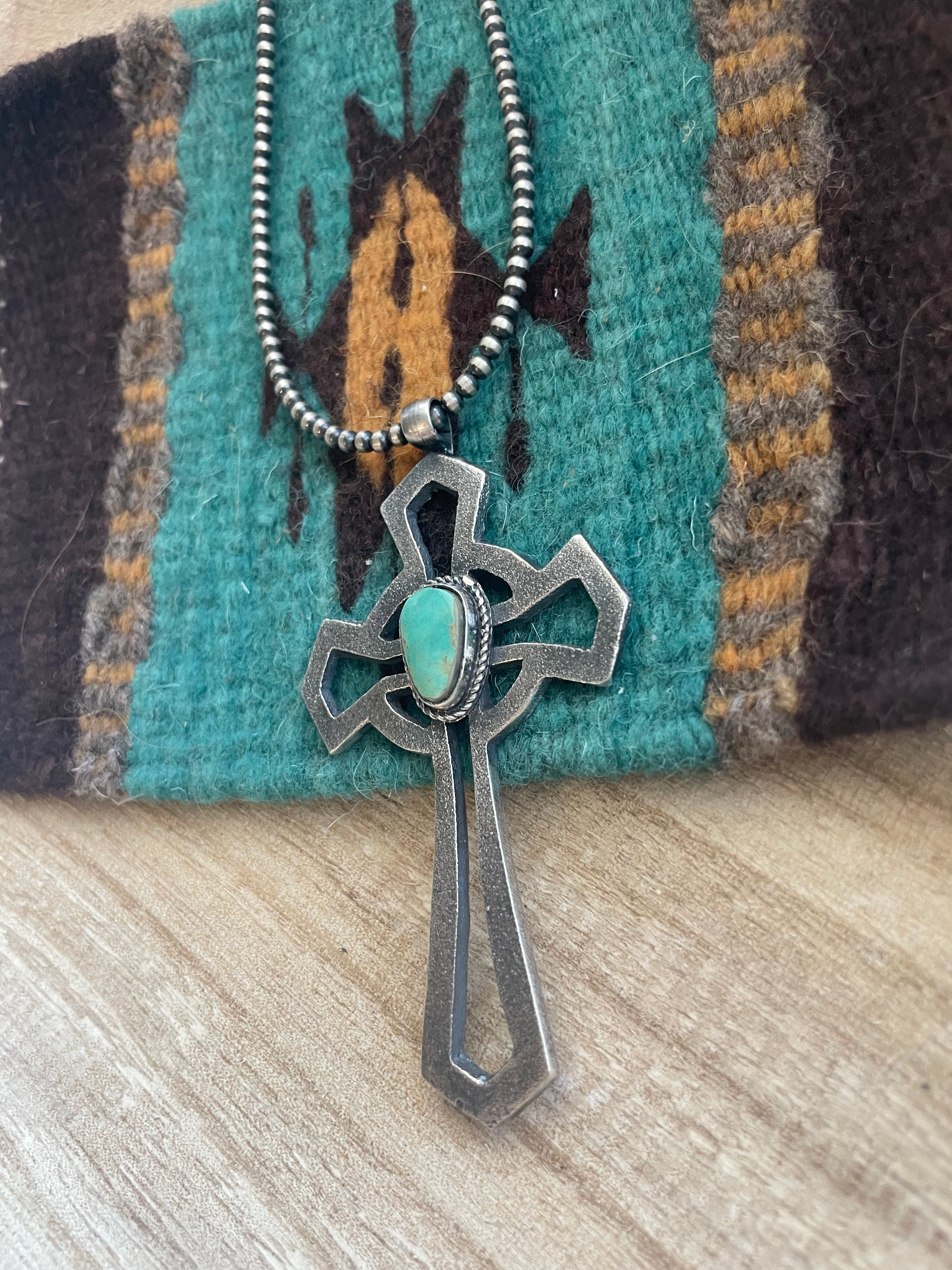 Navajo Sterling Silver & Turquoise Cross Pendant Signed Eugene Mitchell