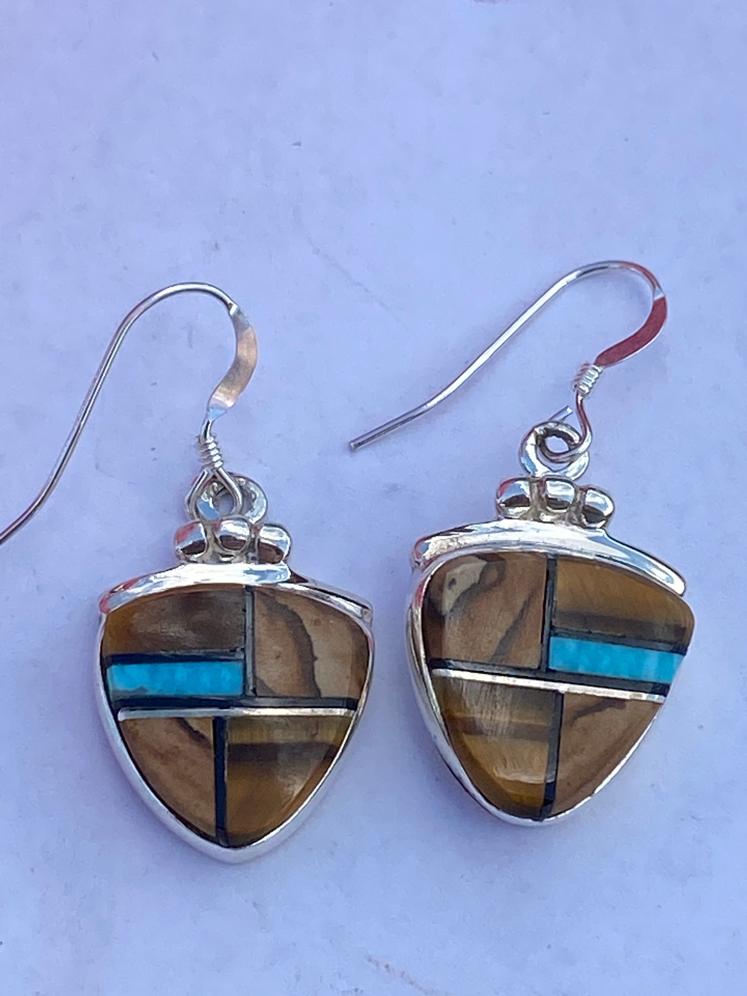 Navajo Turquoise, Onyx, Petrified Wood & Sterling Silver Dangle Earrings