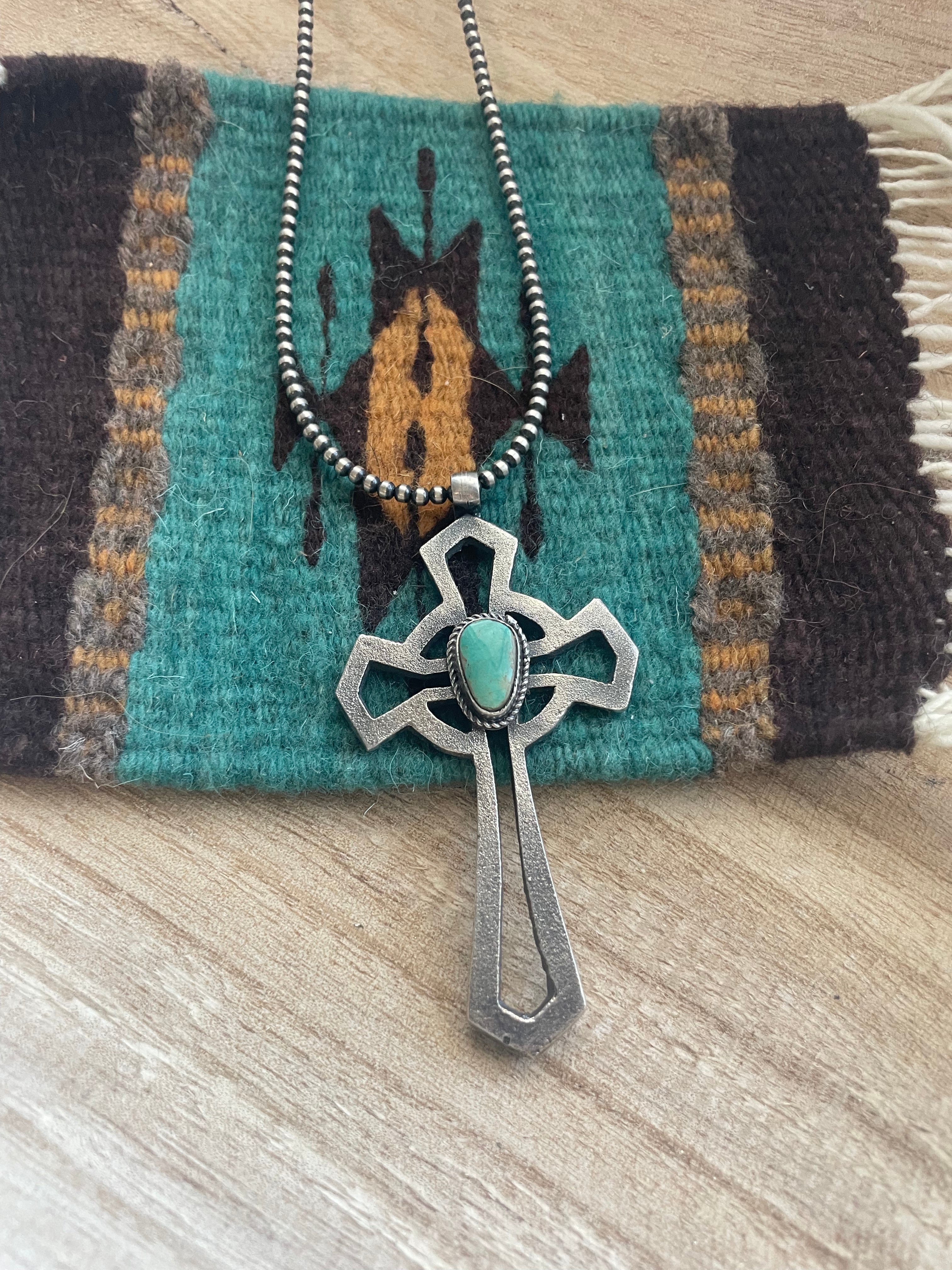 Navajo Sterling Silver & Turquoise Cross Pendant Signed Eugene Mitchell