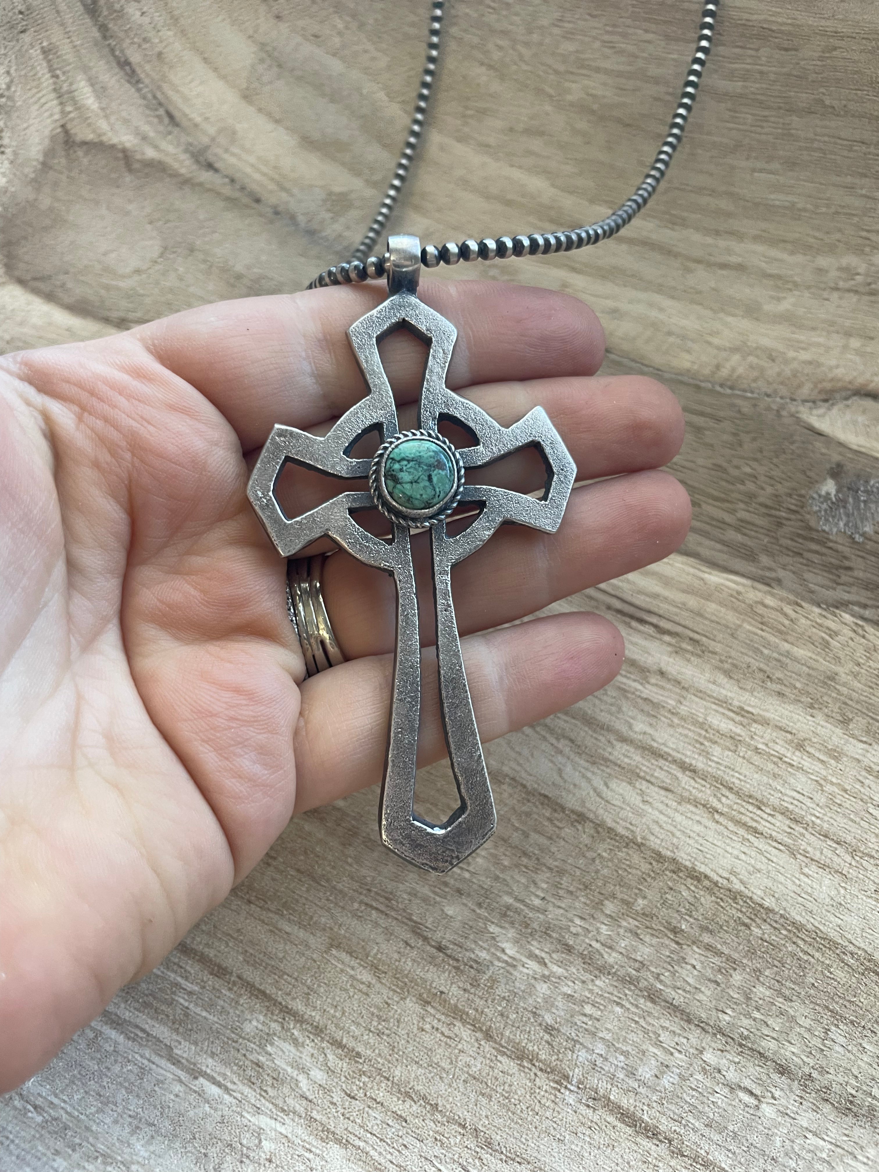 Navajo Sterling Silver & Turquoise Cross Pendant Signed Eugene Mitchell