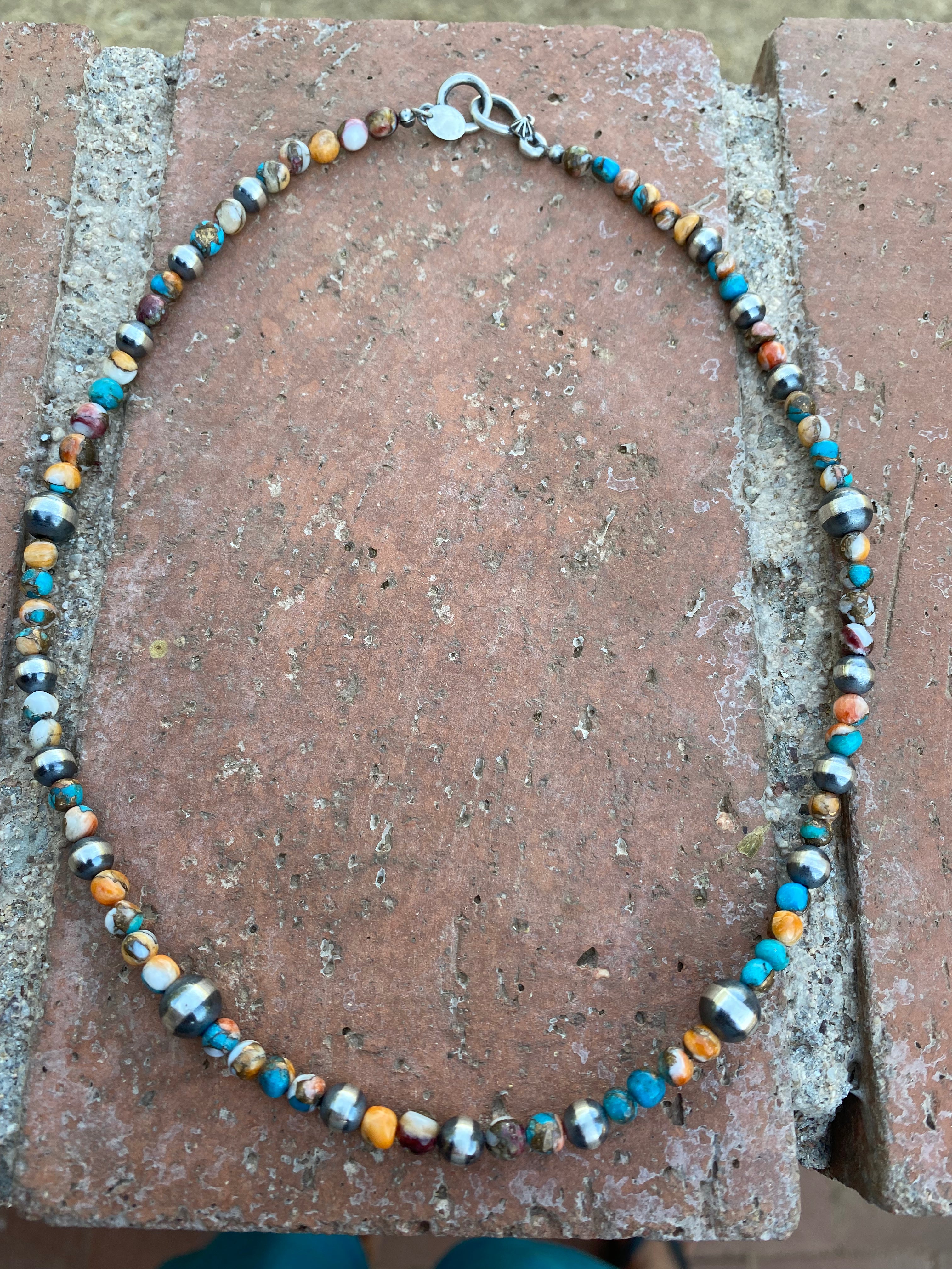 Navajo Turquoise & Spiny Spice Sterling Silver Beaded Necklace 18 inch