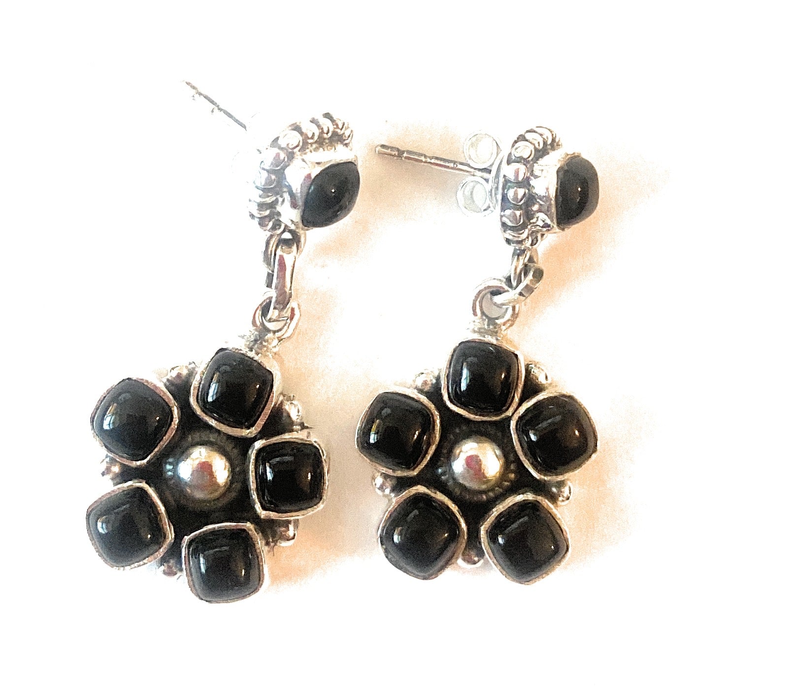 Handmade Black Onyx And Sterling Silver Cluster Dangle Earrings