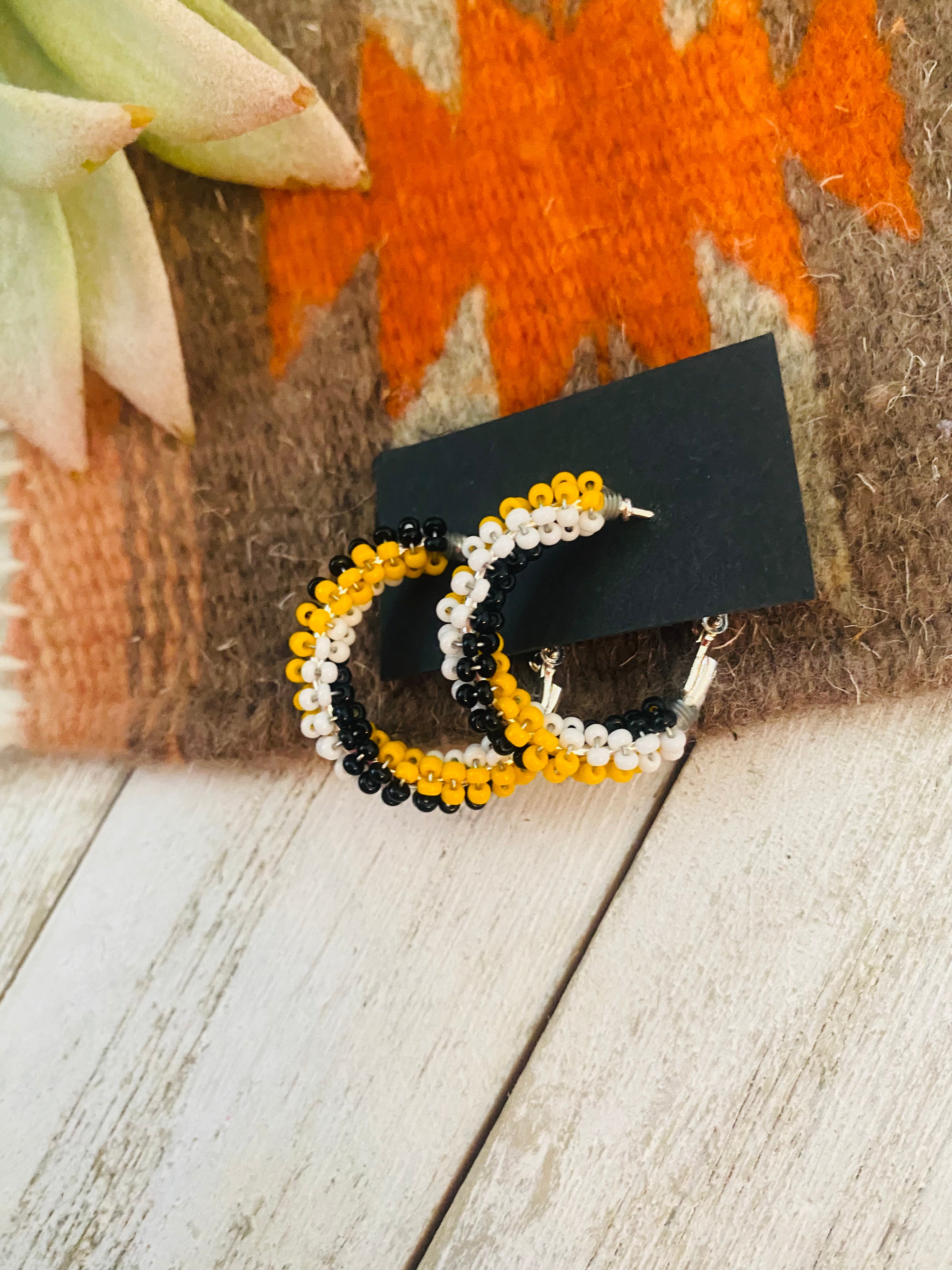 Navajo Handmade Beaded Hoop Earrings- yellow/black