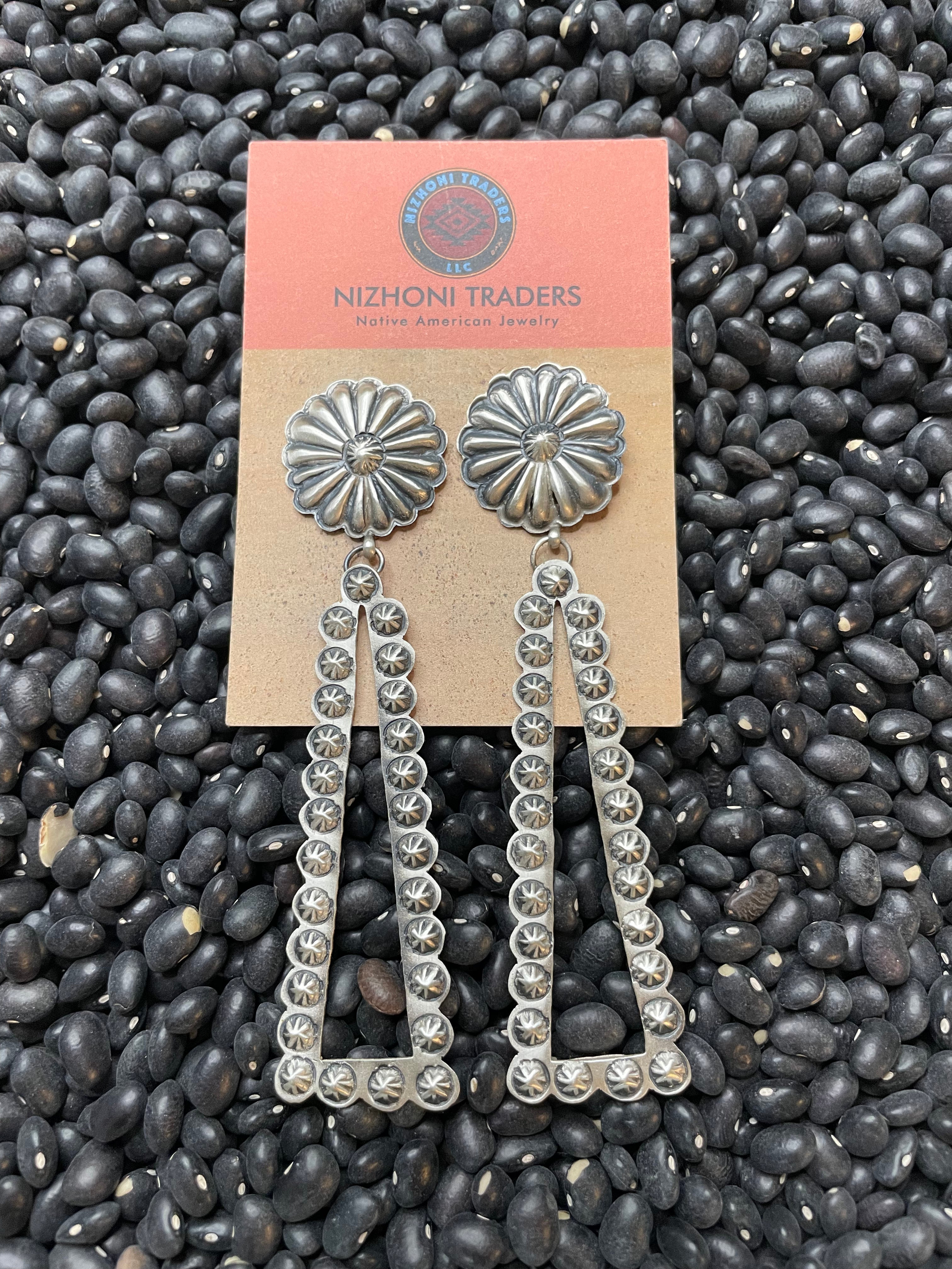 Navajo Sterling Silver Concho Dangle Earrings By Eugene Charley