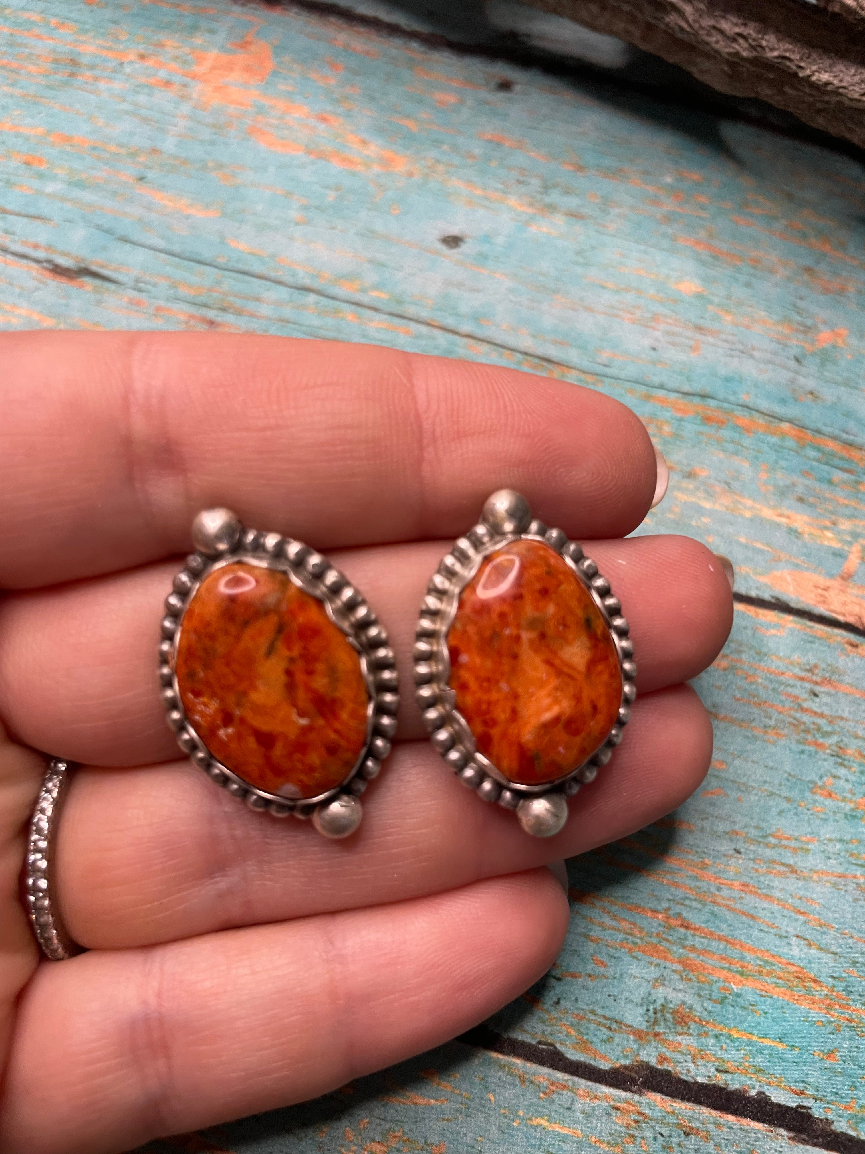 Navajo Apple Coral And Sterling Silver Post Earrings Signed