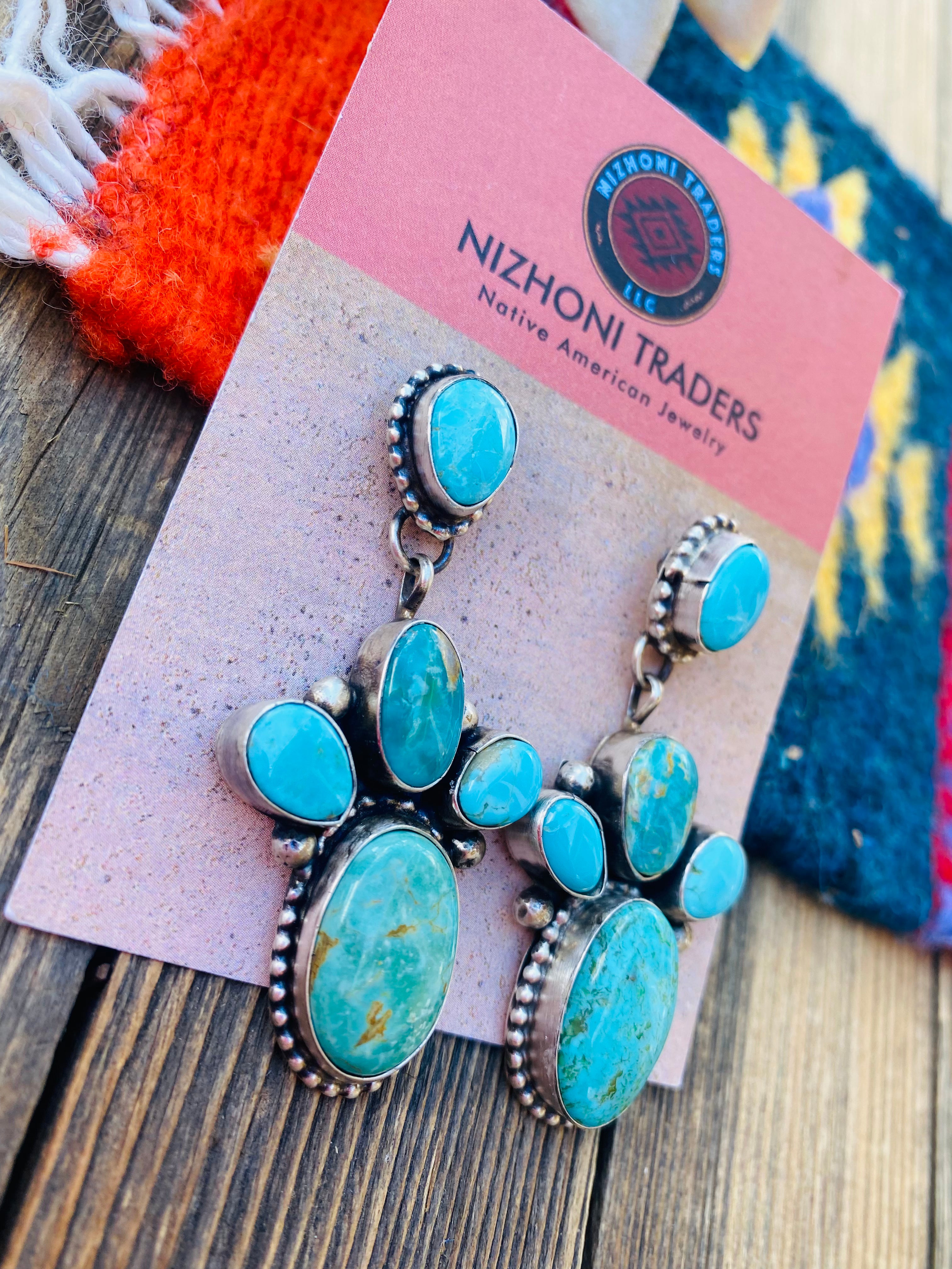 Navajo Multi Turquoise & Sterling Silver Cluster Dangle Earrings